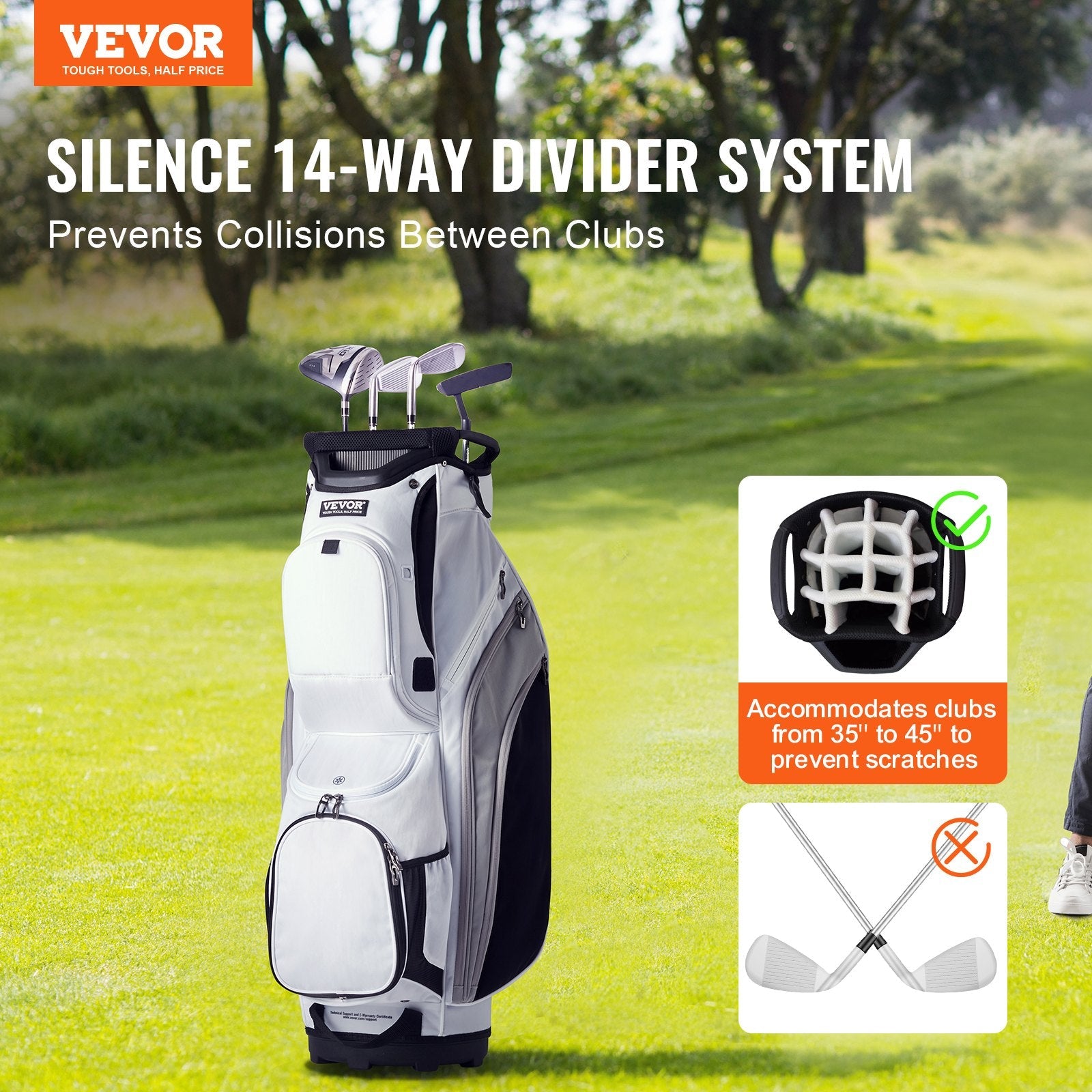 VEVOR Golf Cart Bag with 14 Way Organizer Divider Top, 36” 13 Pockets Premium Nylon Cart Bag, Durable Golf Bags with Handles & Dust Cover & Detachable Straps for Men & Women, White Color-Block 