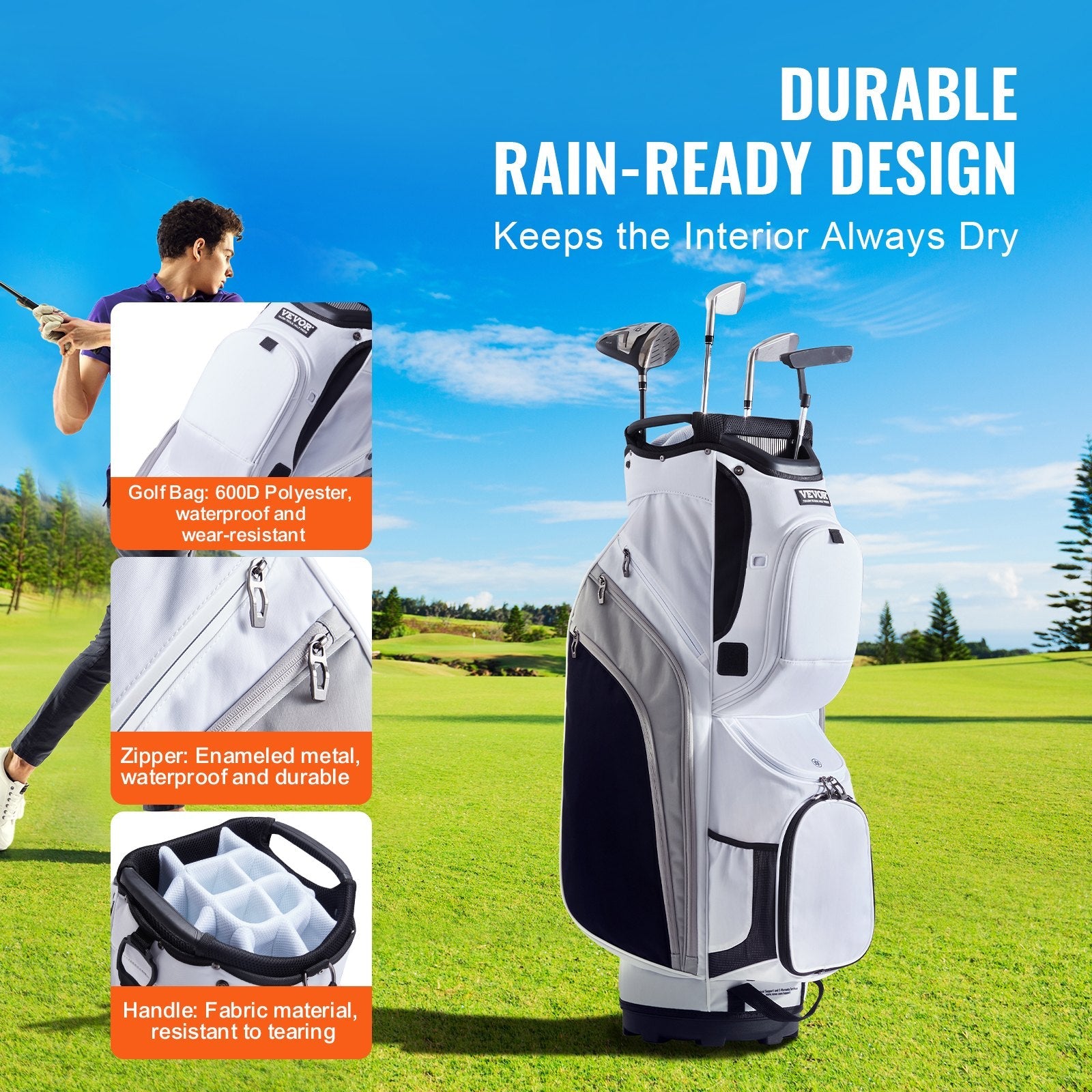 VEVOR Golf Cart Bag with 14 Way Organizer Divider Top, 36” 13 Pockets Premium Nylon Cart Bag, Durable Golf Bags with Handles & Dust Cover & Detachable Straps for Men & Women, White Color-Block 
