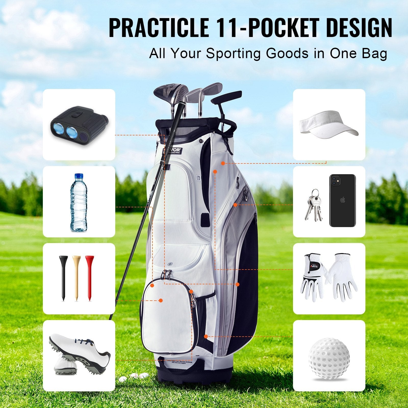 VEVOR Golf Cart Bag with 14 Way Organizer Divider Top, 36” 13 Pockets Premium Nylon Cart Bag, Durable Golf Bags with Handles & Dust Cover & Detachable Straps for Men & Women, White Color-Block 