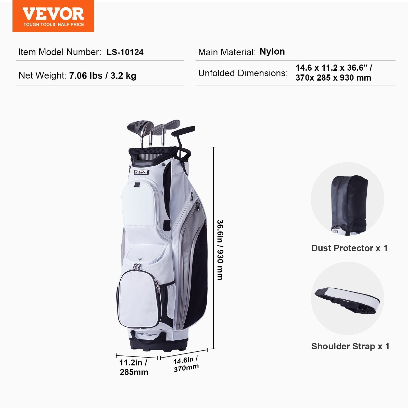 VEVOR Golf Cart Bag with 14 Way Organizer Divider Top, 36” 13 Pockets Premium Nylon Cart Bag, Durable Golf Bags with Handles & Dust Cover & Detachable Straps for Men & Women, White Color-Block 
