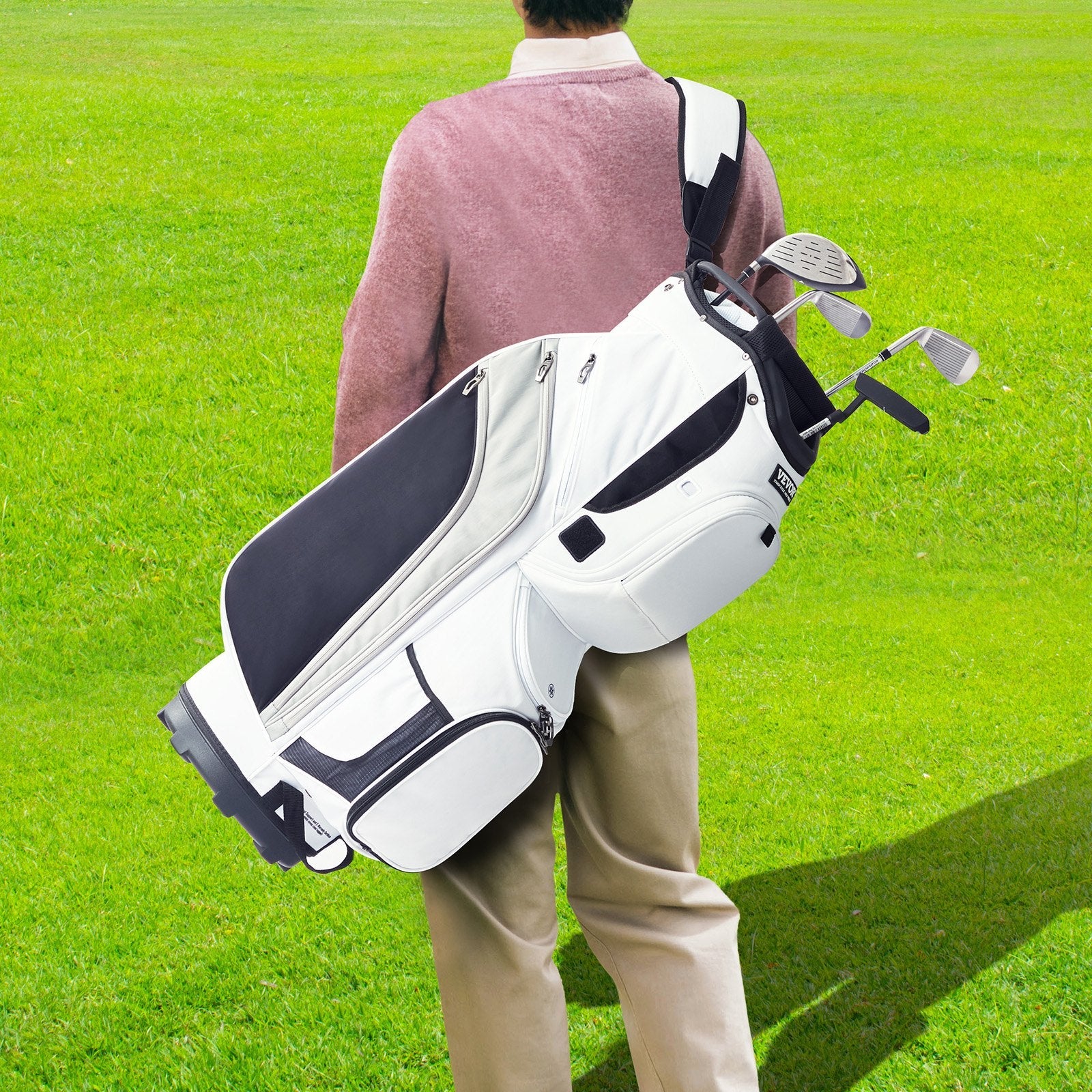 VEVOR Golf Cart Bag with 14 Way Organizer Divider Top, 36” 13 Pockets Premium Nylon Cart Bag, Durable Golf Bags with Handles & Dust Cover & Detachable Straps for Men & Women, White Color-Block 