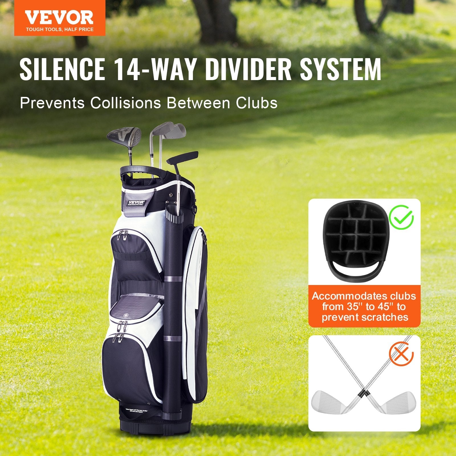 VEVOR Golf Cart Bag with 14 Way Organizer Divider Top, 36” Multiple Pockets Premium Nylon Cart Bag, Durable Golf Bags with Handles & Dust Cover & Detachable Straps for Men & Women, Black Color-Block 