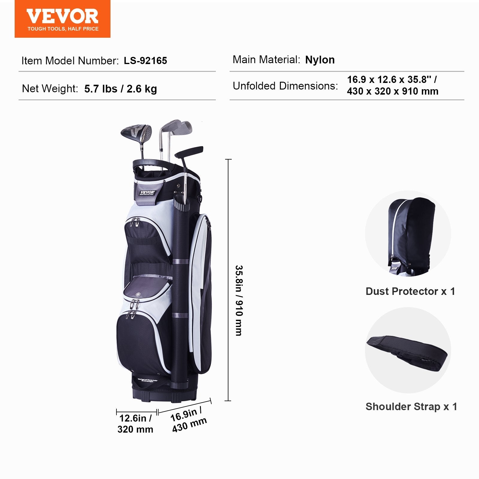 VEVOR Golf Cart Bag with 14 Way Organizer Divider Top, 36” Multiple Pockets Premium Nylon Cart Bag, Durable Golf Bags with Handles & Dust Cover & Detachable Straps for Men & Women, Black Color-Block 