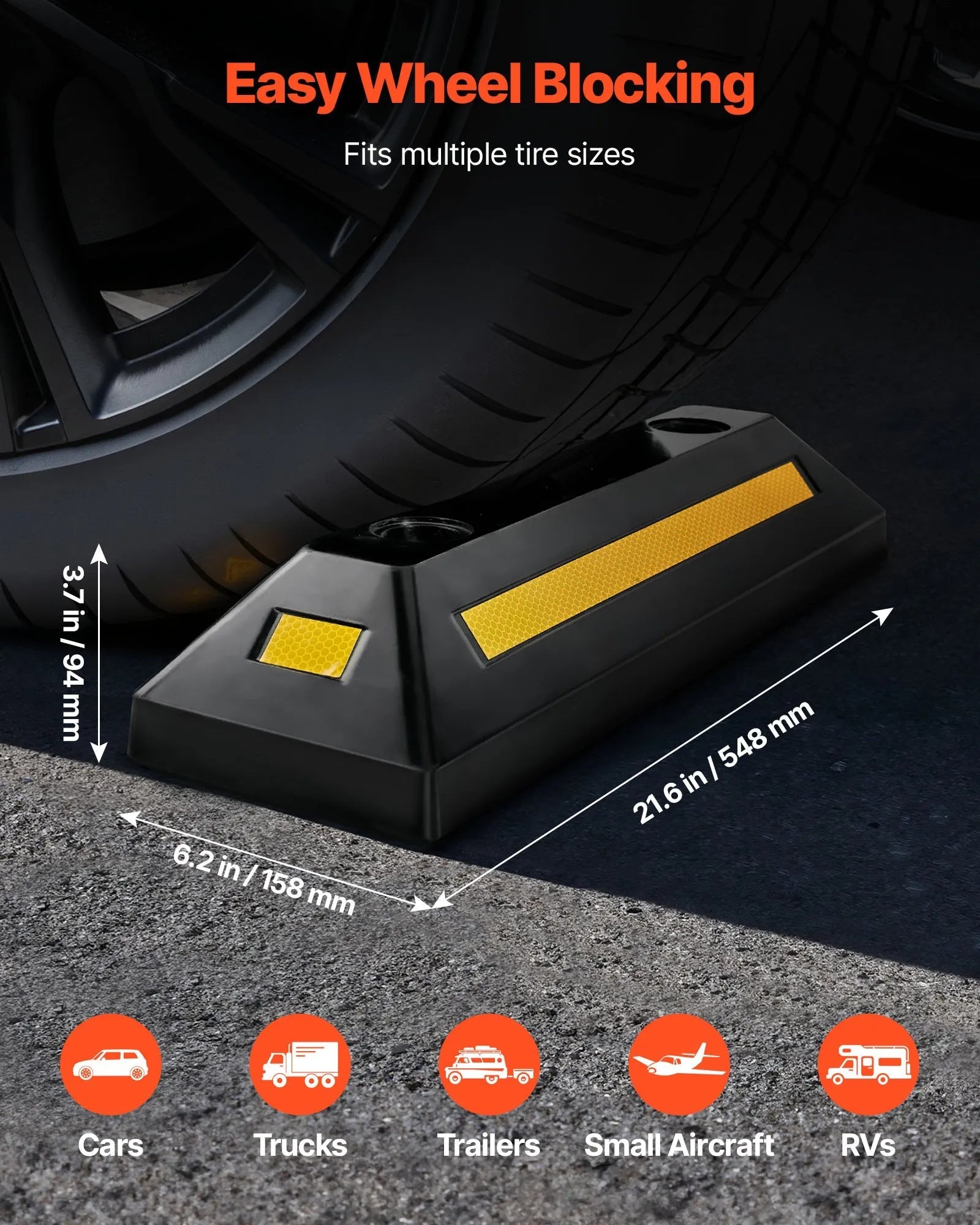 VEVOR Parking Stopper, 21.6 Inch 2 Pcs Heavy Duty Parking Aid for Garage, Rubber Curb Garage Floor Stopper with Reflective Strips, Aid Gadgets for Cars Vans Trucks Tire Wheel Guide Block Stops Bumpers 