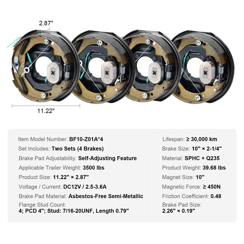 VEVOR Electric Trailer Brake Assembly, 10" x 2-1/4", 2 Pairs Self-Adjusting Electric Brakes Kit for 3500 lbs Axle, 4-Hole Mounting, Backing Plates for Brake System Part Replacement (2 Right + 2 Left) 