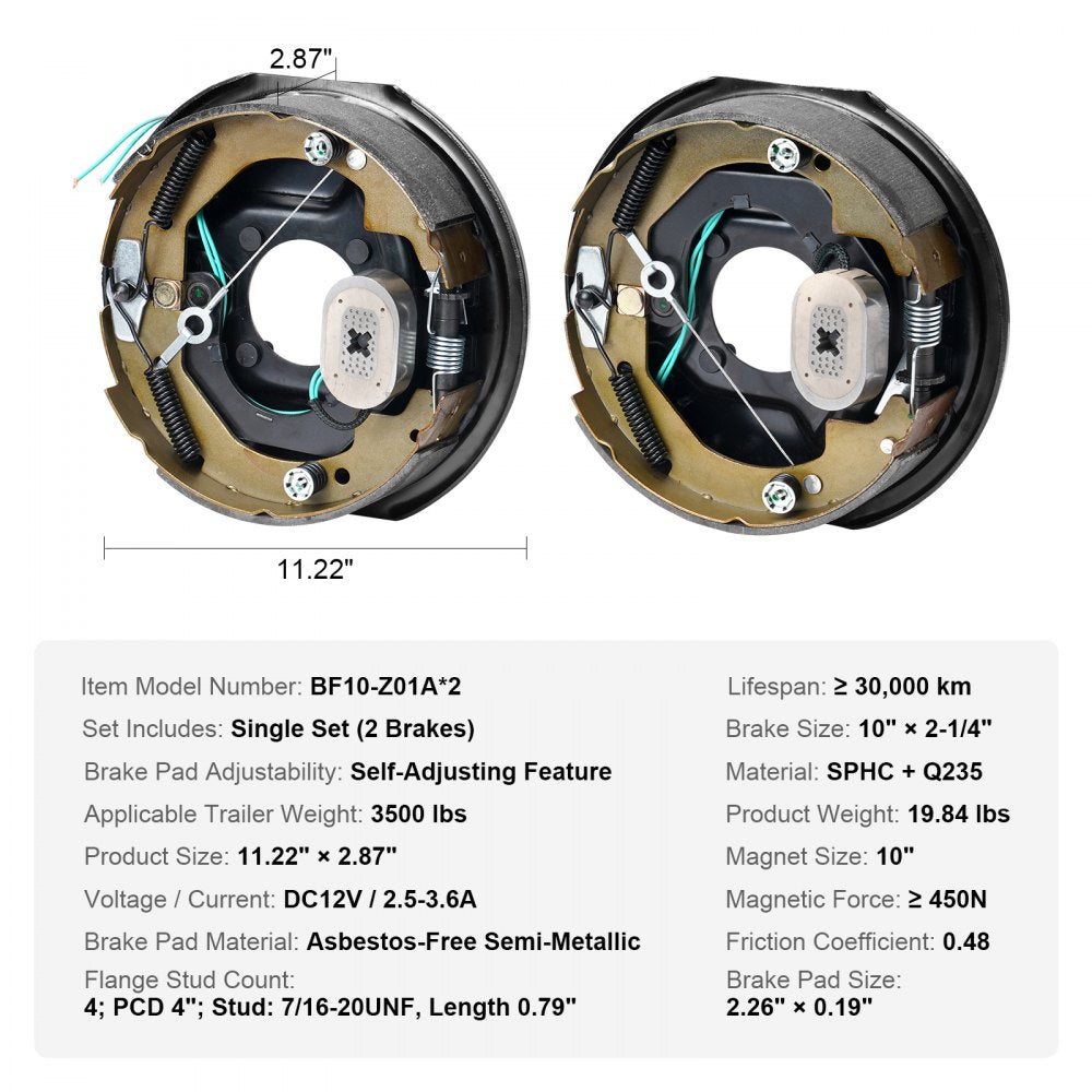 VEVOR Electric Trailer Brake Assembly, 10" x 2-1/4", 1 Pair Self-Adjusting Electric Brakes Kit for 3500 lbs Axle, 4-Hole Mounting, Backing Plates for Brake System Part Replacement (1 Right + 1 Left) 