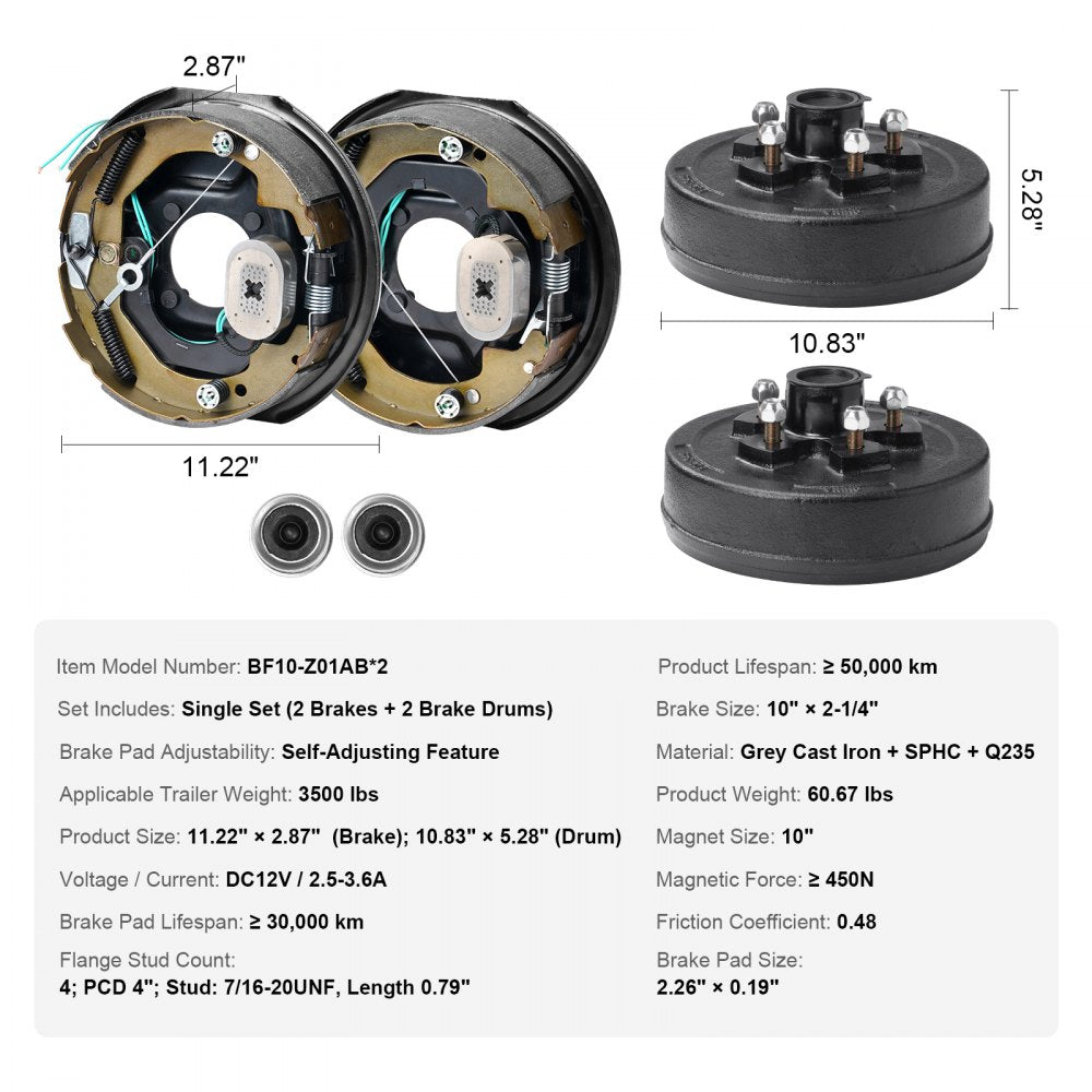VEVOR Trailer Hub Drum Kits 5 on 4.5" B.C. with 10" x 2-1/4" Electric Brakes, Self-Adjusting Trailer Brake Assembly for 3500 lbs Axle, 4-Hole Mounting, Backing Plates for Brake System Part Replacement 