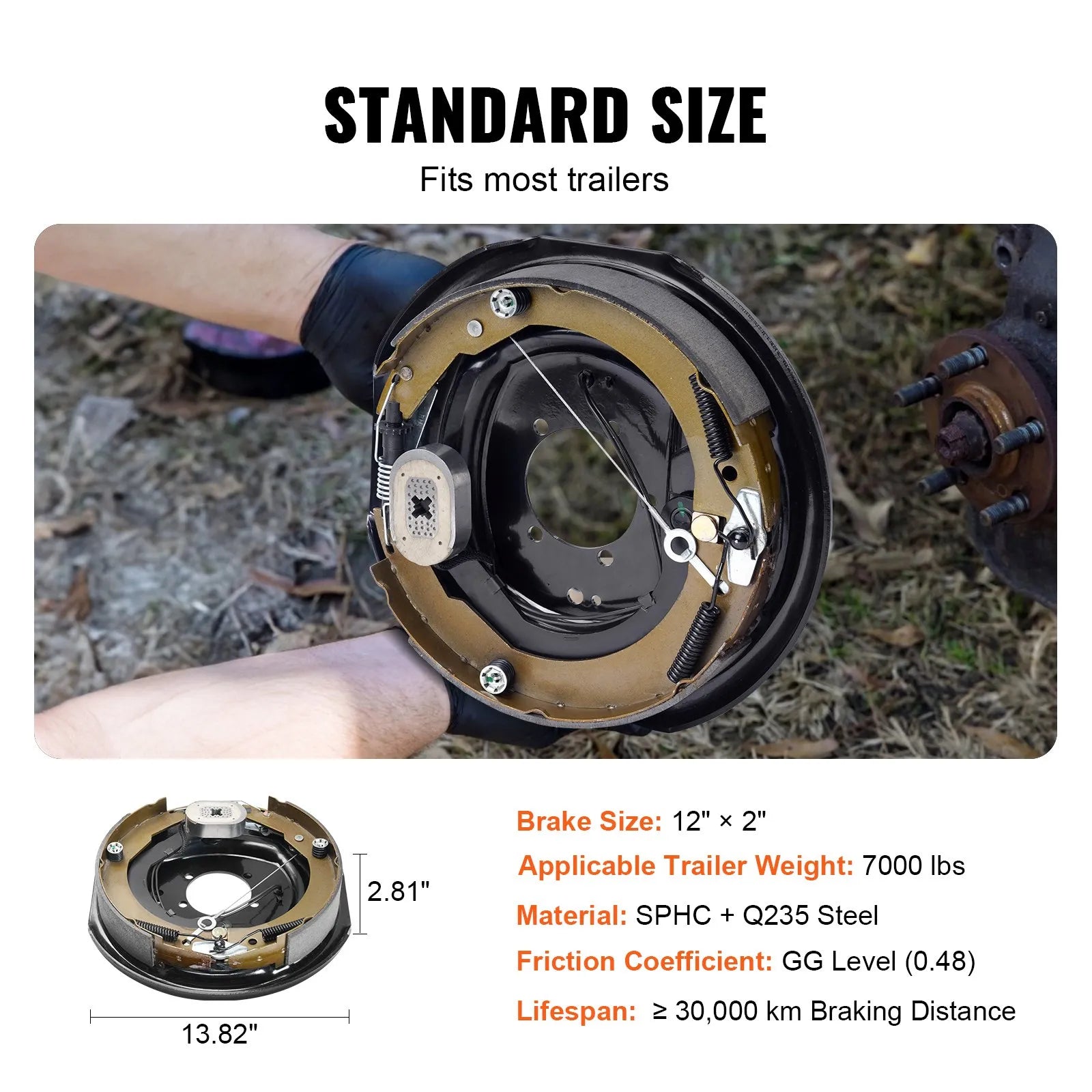 VEVOR Electric Trailer Brake Assembly, 12" x 2", 1 Pair Self-Adjusting Electric Brakes Kit for 7000 lbs Axle, 5-Hole Mounting, Backing Plates for Braking System Part Replacement (1 Right + 1 Left)