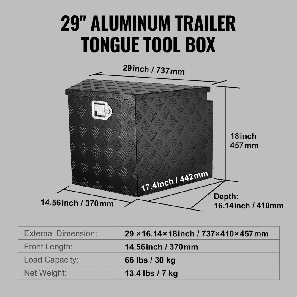 VEVOR Trailer Tongue Box, Aluminum Alloy Diamond Plate Tongue Box Tool Chest, Heavy Duty Trailer Box Storage with Lock and Keys, Utility Trailer Tongue Box for Pickup Truck, RV, Trailer, 29"x16.2"x18" 