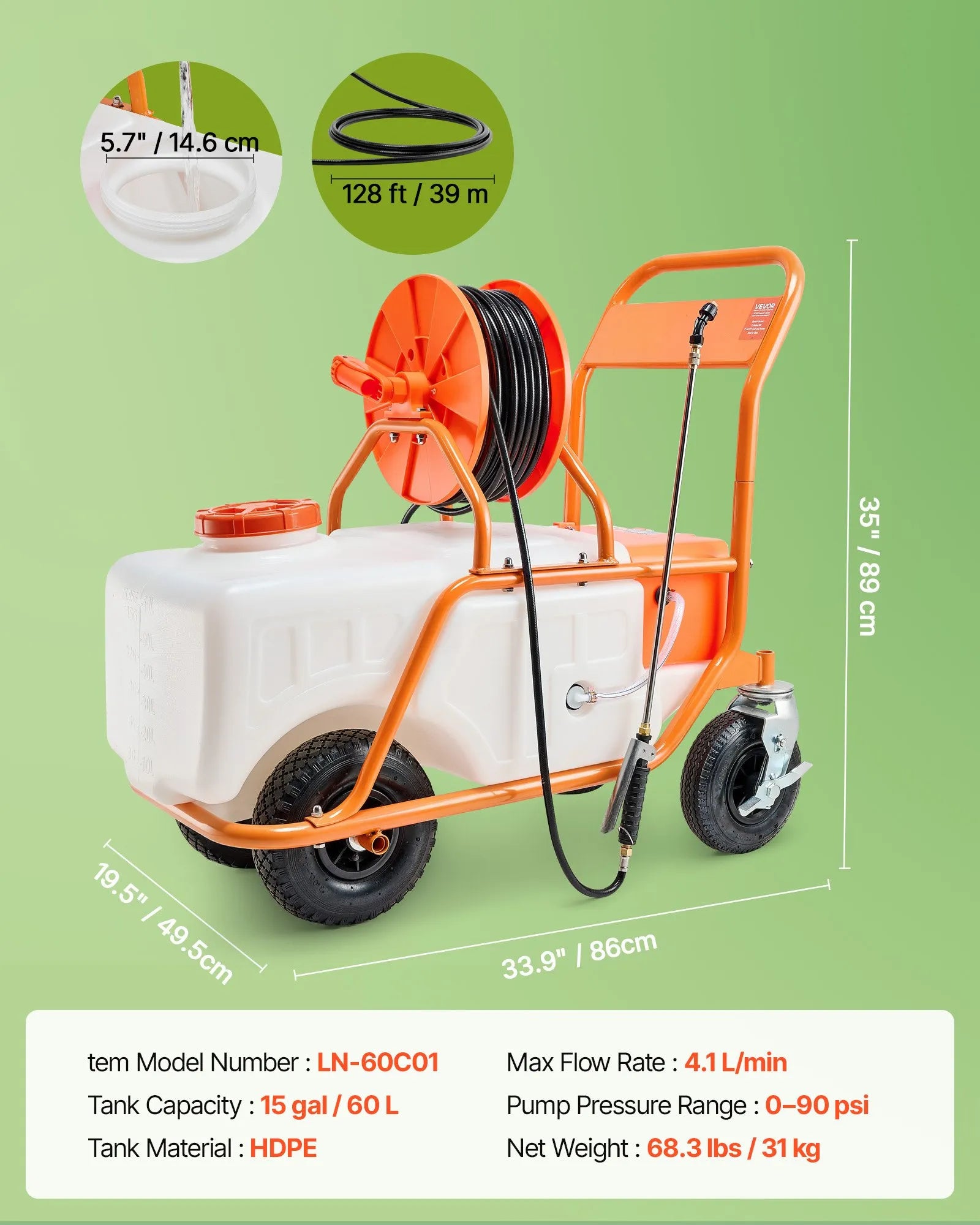 VEVOR Battery Powered Lawn Sprayer on Wheel, 0-90 PSI Adjustable Pressure, 15 Gallon Tank, Cart Sprayer with 8 Nozzles and 2 Wands, 12V 12Ah Battery, Wide Mouth Lid for Weeding, Spraying
