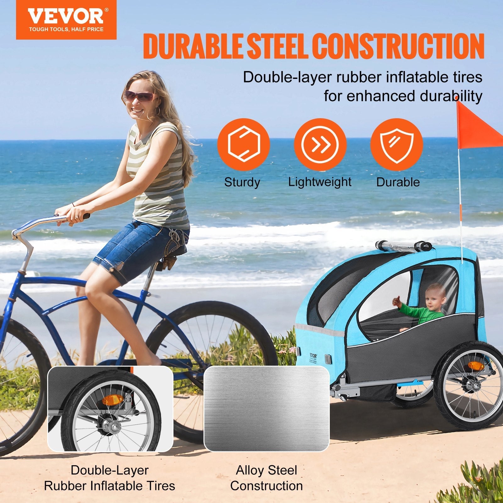 VEVOR Bike Trailer for Toddlers, Kids, 60 lbs Load, Tow Behind Foldable Child Bicycle Trailer with Universal Bicycle Coupler, Canopy Carrier with Strong Carbon Steel Frame for Children, Blue and Gray 