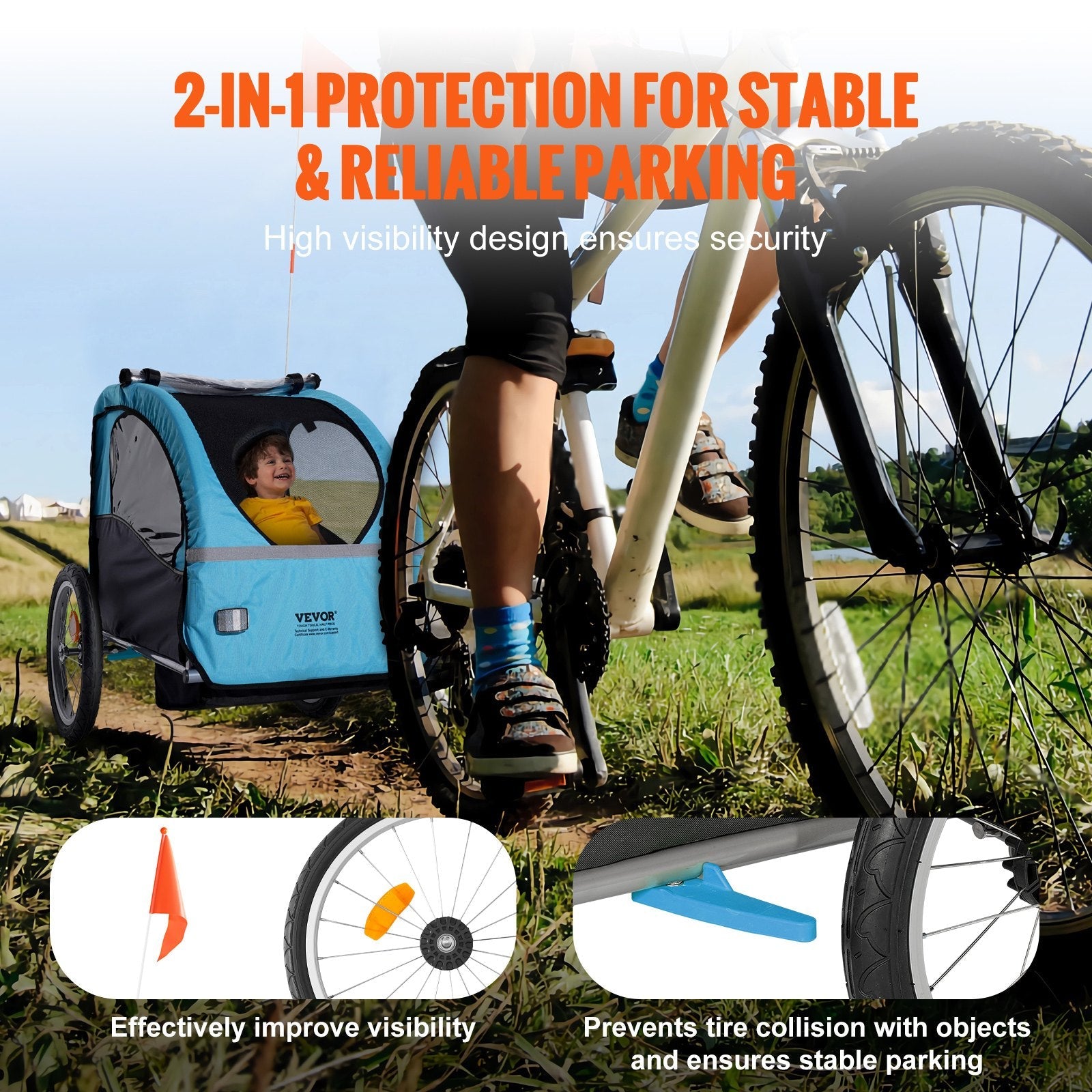 VEVOR Bike Trailer for Toddlers, Kids, 60 lbs Load, Tow Behind Foldable Child Bicycle Trailer with Universal Bicycle Coupler, Canopy Carrier with Strong Carbon Steel Frame for Children, Blue and Gray 