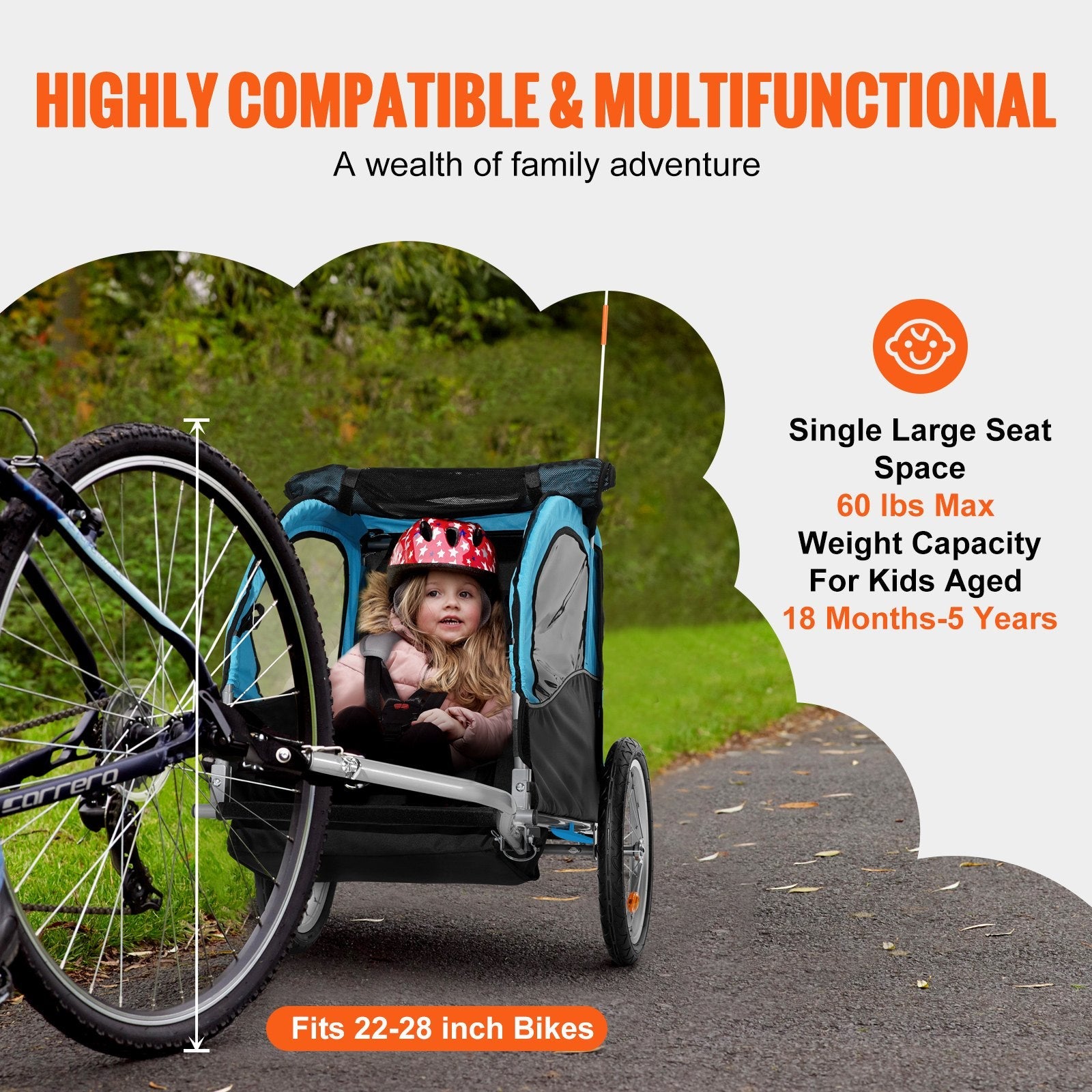 VEVOR Bike Trailer for Toddlers, Kids, 60 lbs Load, Tow Behind Foldable Child Bicycle Trailer with Universal Bicycle Coupler, Canopy Carrier with Strong Carbon Steel Frame for Children, Blue and Gray 