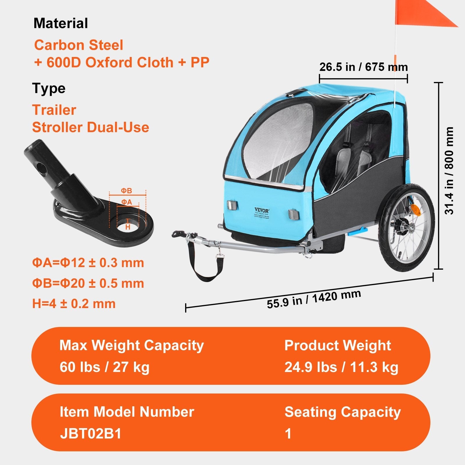 VEVOR Bike Trailer for Toddlers, Kids, 60 lbs Load, Tow Behind Foldable Child Bicycle Trailer with Universal Bicycle Coupler, Canopy Carrier with Strong Carbon Steel Frame for Children, Blue and Gray 