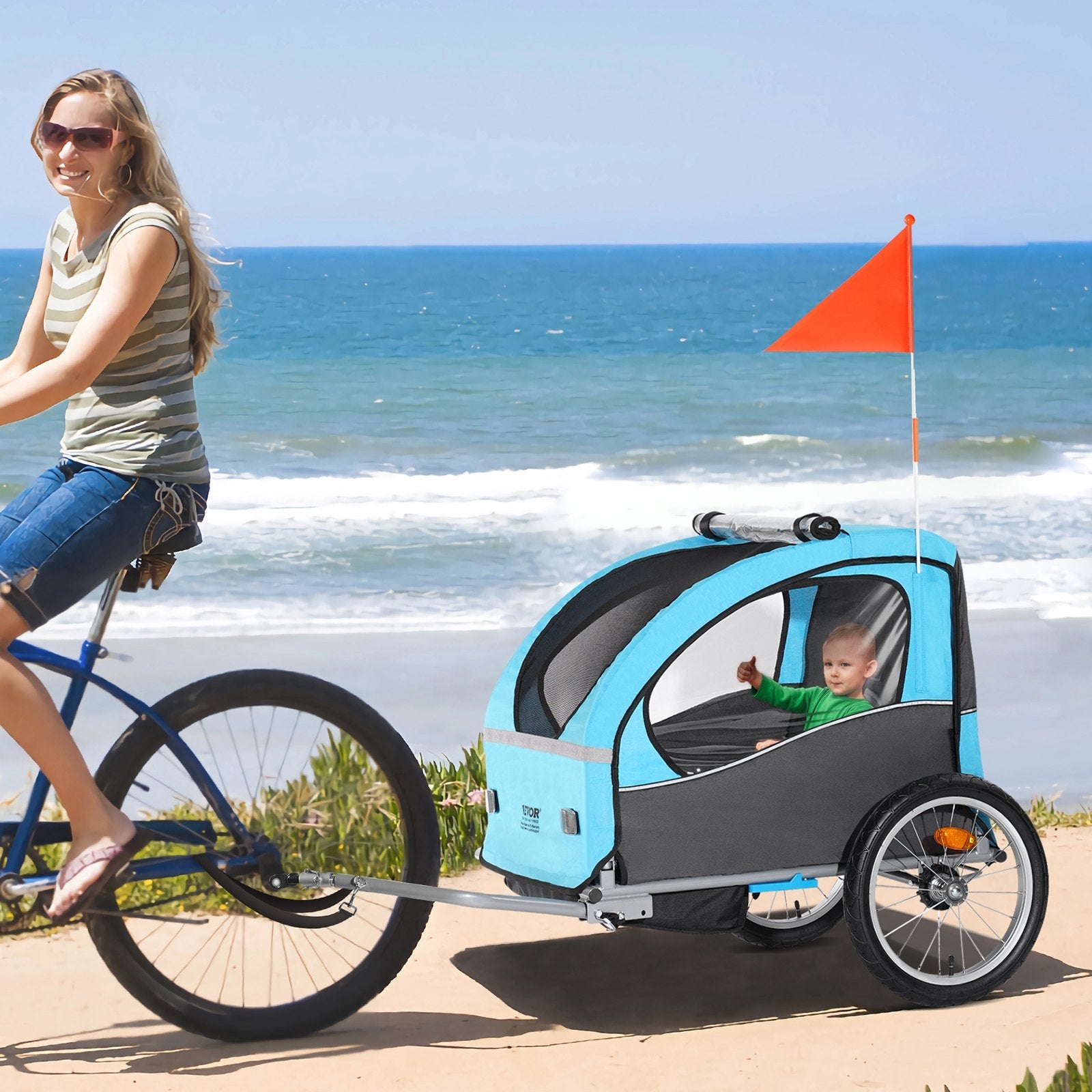 VEVOR Bike Trailer for Toddlers, Kids, 60 lbs Load, Tow Behind Foldable Child Bicycle Trailer with Universal Bicycle Coupler, Canopy Carrier with Strong Carbon Steel Frame for Children, Blue and Gray 