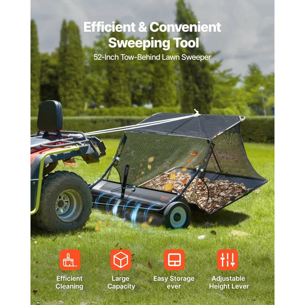 VEVOR 52" Tow Behind Lawn Sweeper, 26 cu.ft Large Capacity Leaf & Grass Collector with Adjustable Height