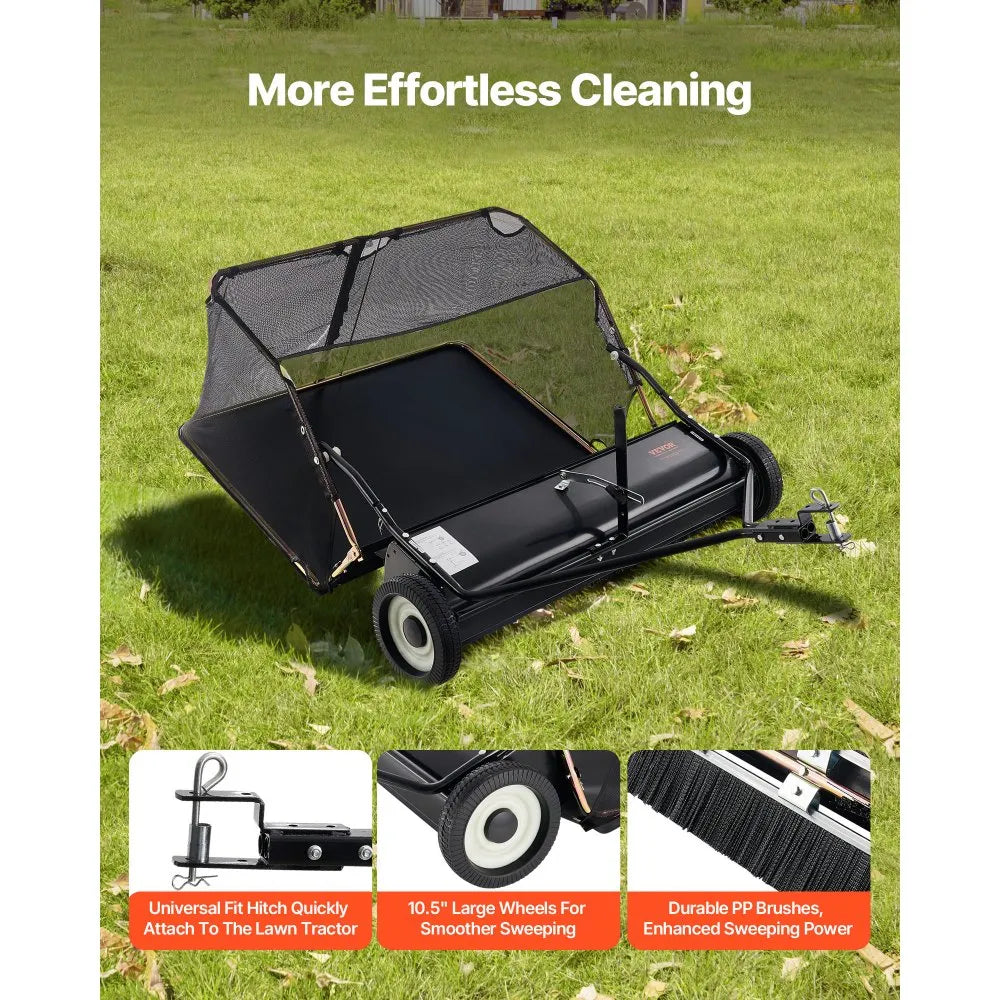 VEVOR 52" Tow Behind Lawn Sweeper, 26 cu.ft Large Capacity Leaf & Grass Collector with Adjustable Height