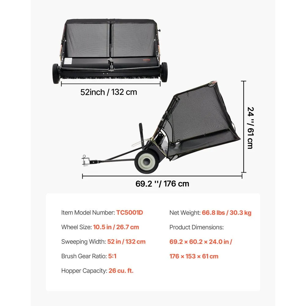 VEVOR 52" Tow Behind Lawn Sweeper, 26 cu.ft Large Capacity Leaf & Grass Collector with Adjustable Height