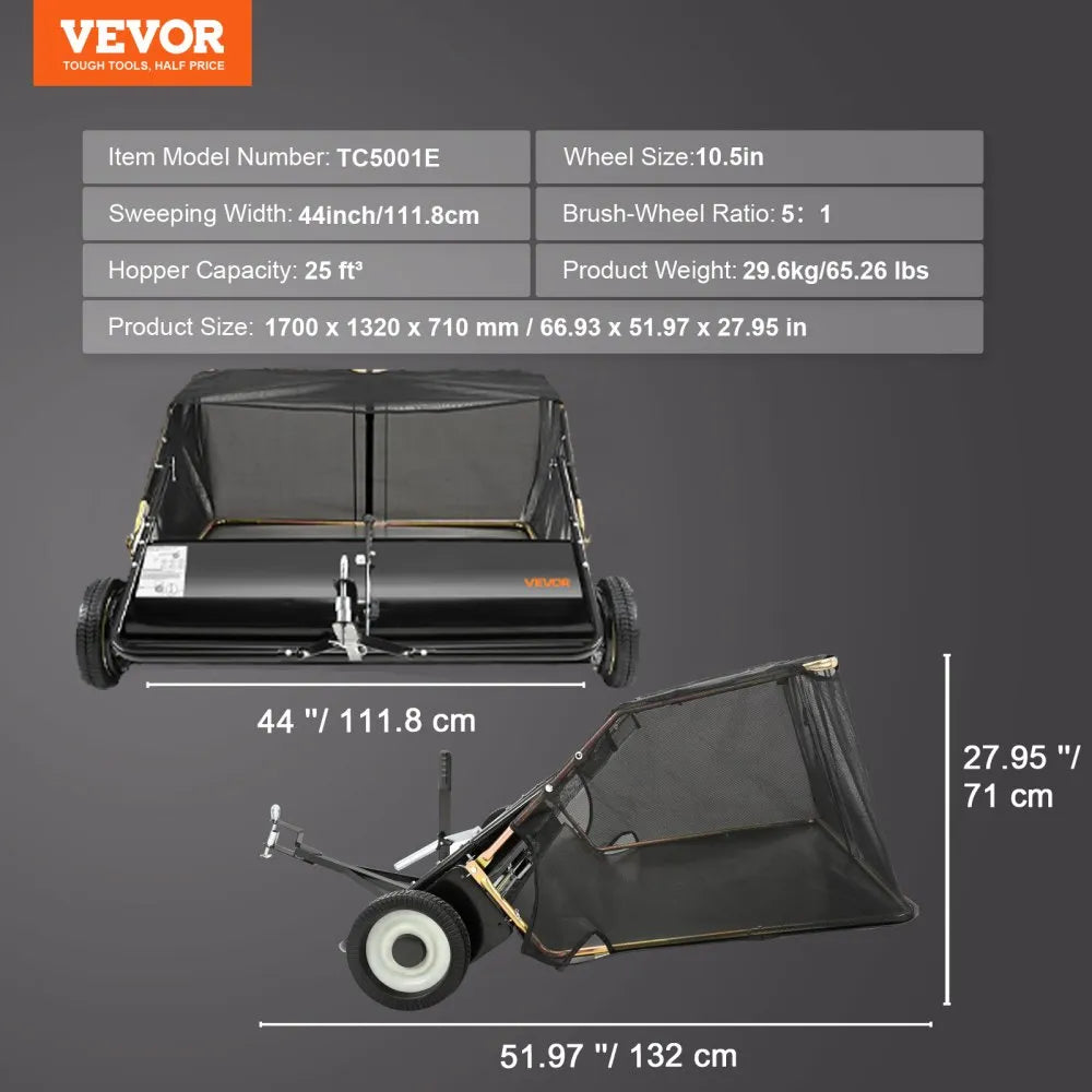 VEVOR 44" Tow Behind Lawn Sweeper, 25 cu.ft Large Capacity Leaf & Grass Collector with Adjustable Height