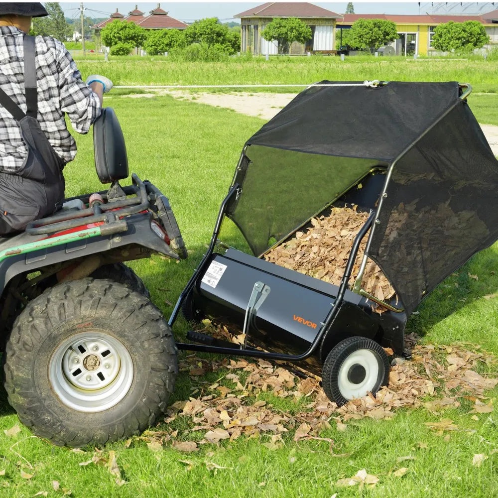 VEVOR 44" Tow Behind Lawn Sweeper, 25 cu.ft Large Capacity Leaf & Grass Collector with Adjustable Height