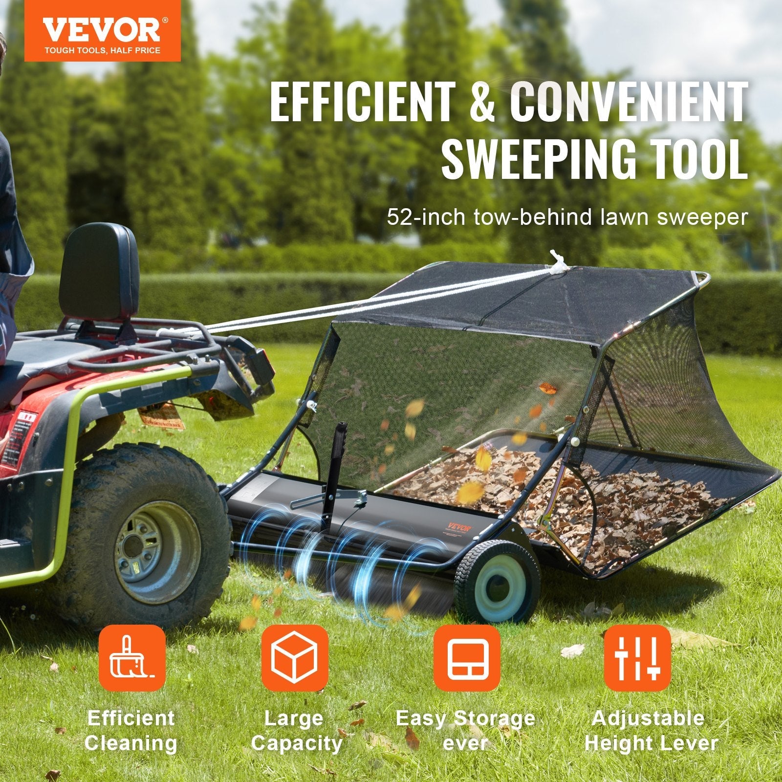VEVOR Tow-Behind Lawn Sweeper 52-inch Leaf Yard Collector 26 cu.ft. Adjustable 