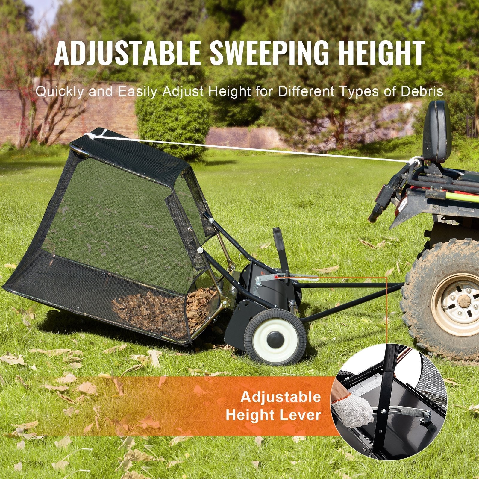 VEVOR Tow-Behind Lawn Sweeper 52-inch Leaf Yard Collector 26 cu.ft. Adjustable 