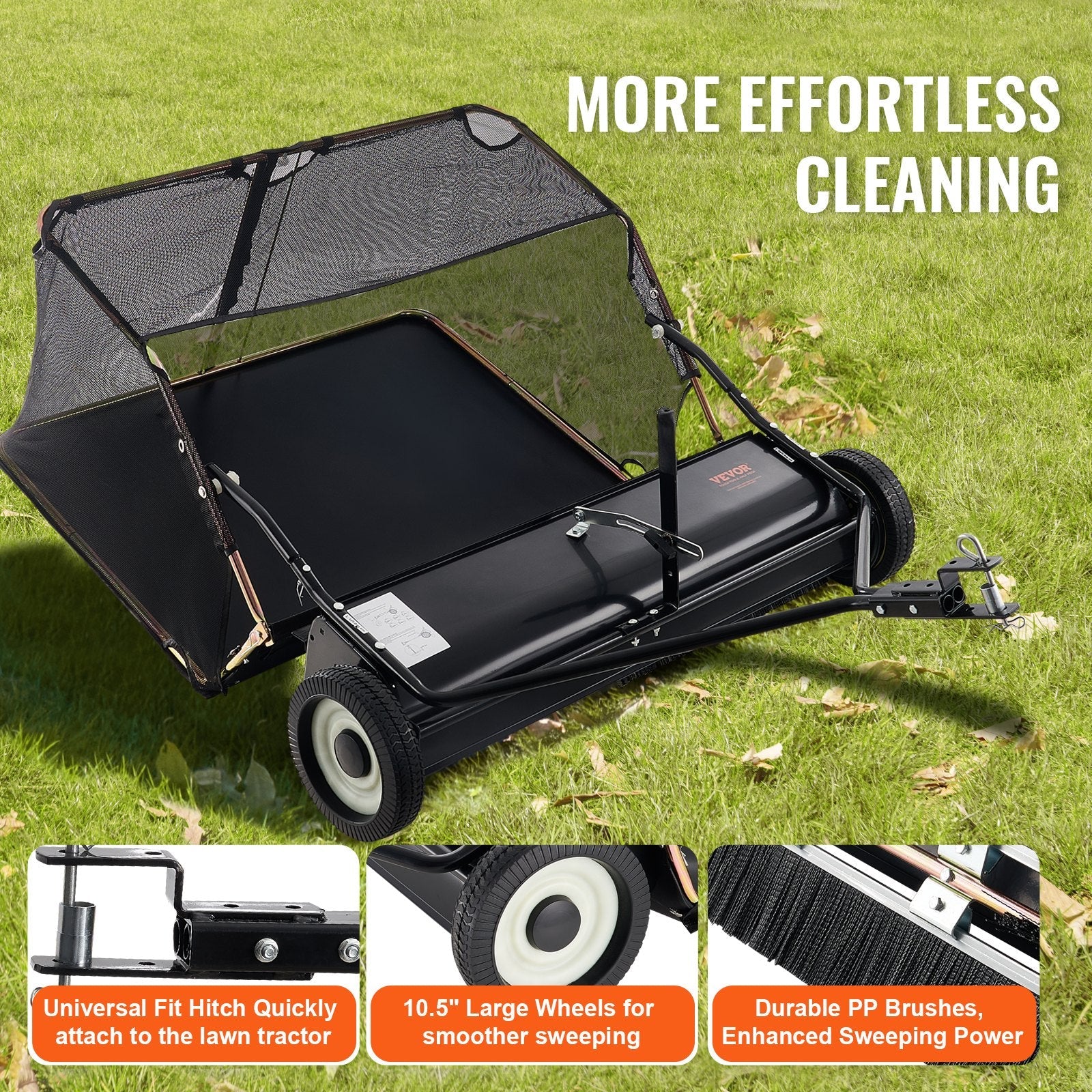 VEVOR Tow-Behind Lawn Sweeper 52-inch Leaf Yard Collector 26 cu.ft. Adjustable 