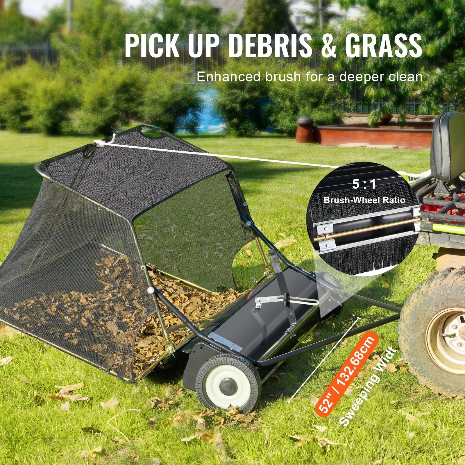 VEVOR Tow-Behind Lawn Sweeper 52-inch Leaf Yard Collector 26 cu.ft. Adjustable 