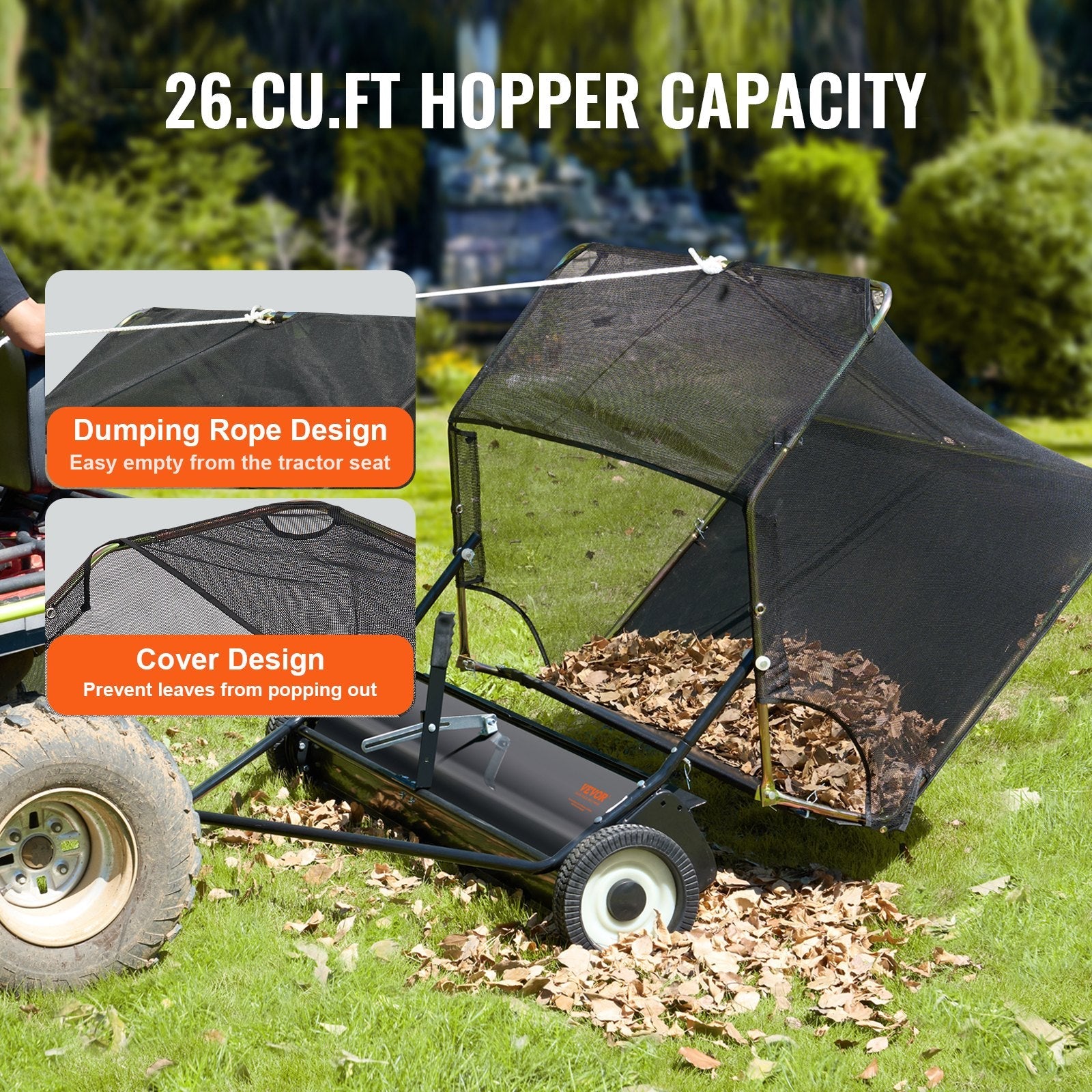 VEVOR Tow-Behind Lawn Sweeper 52-inch Leaf Yard Collector 26 cu.ft. Adjustable 