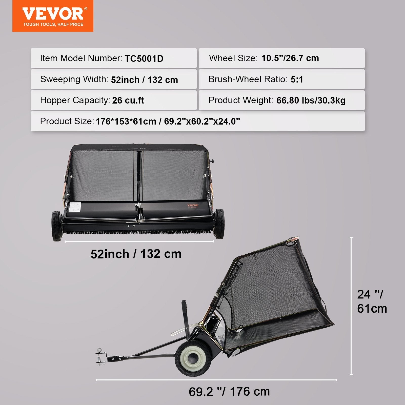 VEVOR Tow-Behind Lawn Sweeper 52-inch Leaf Yard Collector 26 cu.ft. Adjustable 