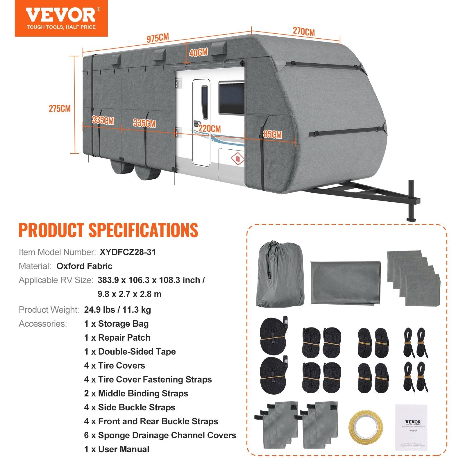 VEVOR Trailer Travel RV Cover 28-31 ft Class A Camper Cover 300D Oxford Fabric 