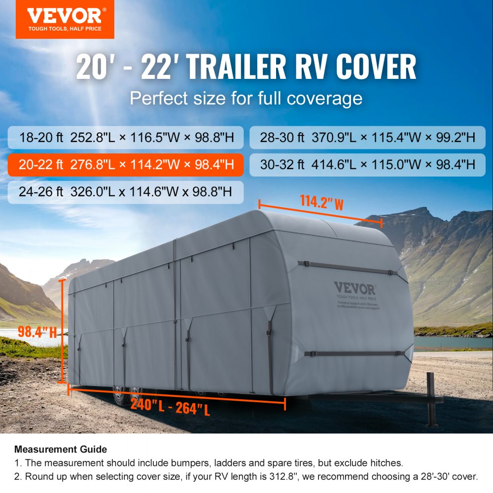 VEVOR Travel Trailer Cover, 20-22' RV Cover, 4-Layer Non-Woven Fabric Camper Cover, Waterproof, Windproof And Wear-Resistant Class A RV Cover, Rip-Stop Camper Cover with Storage Bag and Patches 