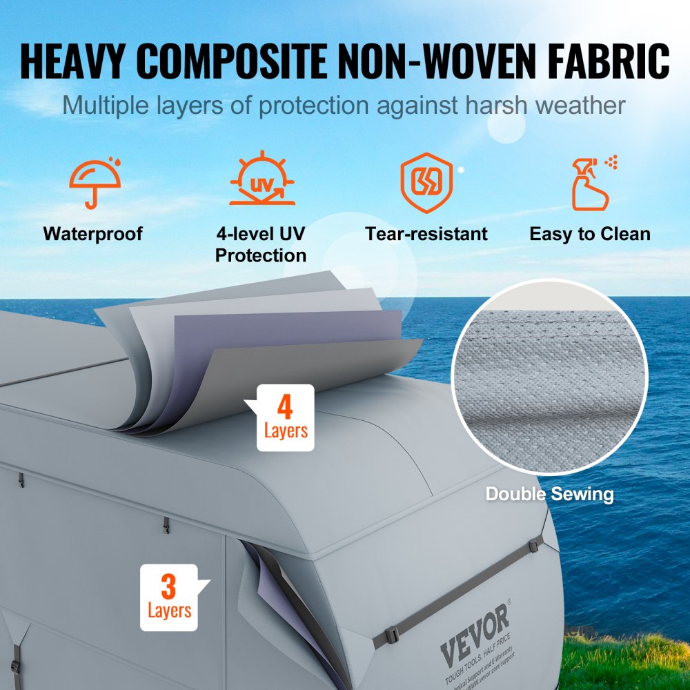 VEVOR Travel Trailer Cover, 20-22' RV Cover, 4-Layer Non-Woven Fabric Camper Cover, Waterproof, Windproof And Wear-Resistant Class A RV Cover, Rip-Stop Camper Cover with Storage Bag and Patches 