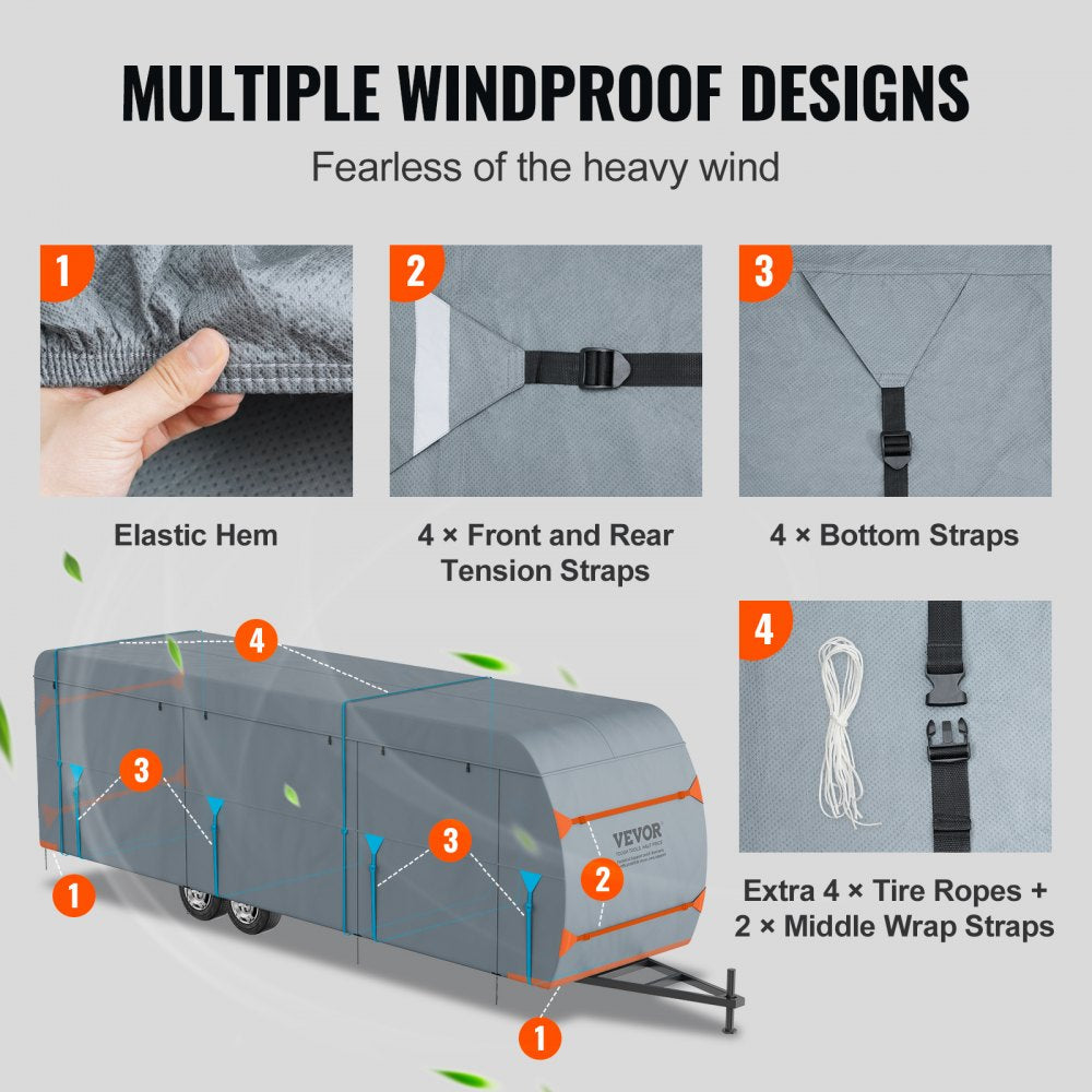 VEVOR Travel Trailer Cover, 20-22' RV Cover, 4-Layer Non-Woven Fabric Camper Cover, Waterproof, Windproof And Wear-Resistant Class A RV Cover, Rip-Stop Camper Cover with Storage Bag and Patches 