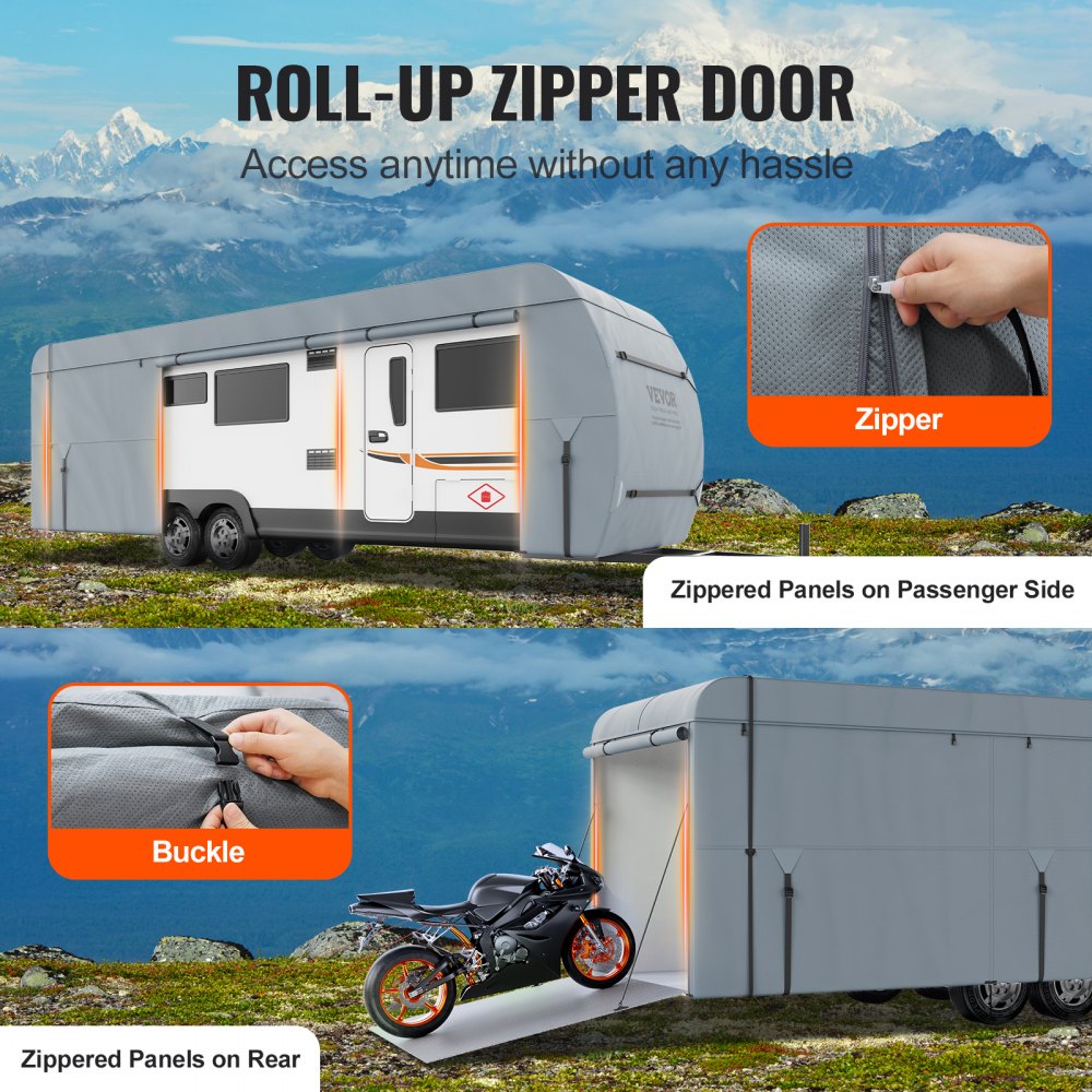 VEVOR Travel Trailer Cover, 20-22' RV Cover, 4-Layer Non-Woven Fabric Camper Cover, Waterproof, Windproof And Wear-Resistant Class A RV Cover, Rip-Stop Camper Cover with Storage Bag and Patches 