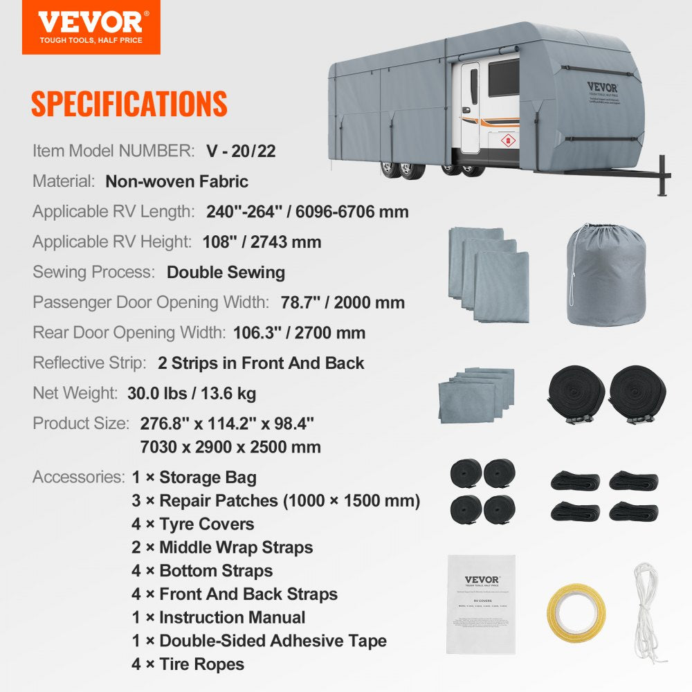 VEVOR Travel Trailer Cover, 20-22' RV Cover, 4-Layer Non-Woven Fabric Camper Cover, Waterproof, Windproof And Wear-Resistant Class A RV Cover, Rip-Stop Camper Cover with Storage Bag and Patches 