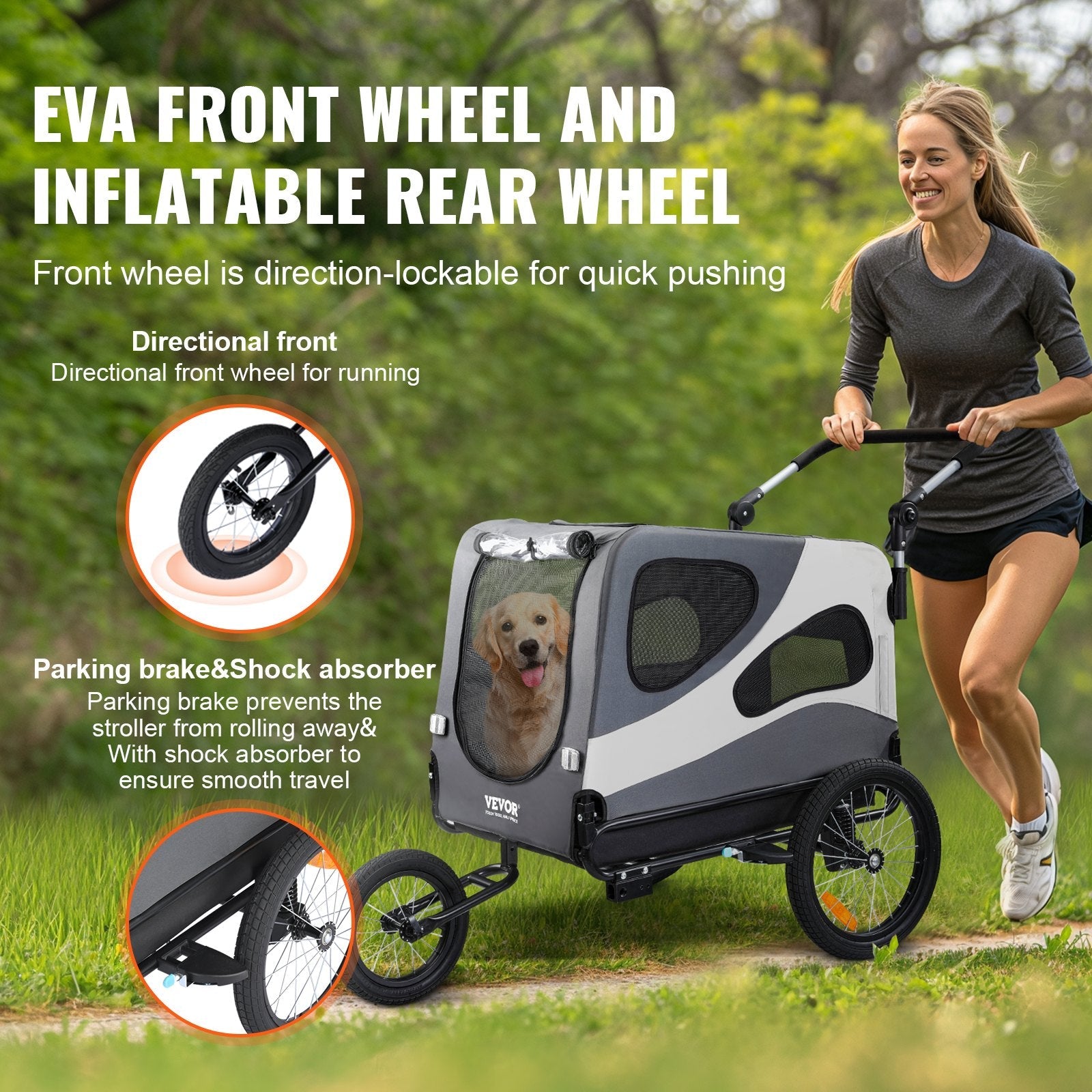 VEVOR Dog Bike Trailer, Supports up to 100 lbs, 2-in-1 Pet Stroller Cart Bicycle Carrier, Easy Folding Cart Frame with Quick Release Wheels, Universal Bicycle Coupler, Reflectors, Flag, Black/Gray 