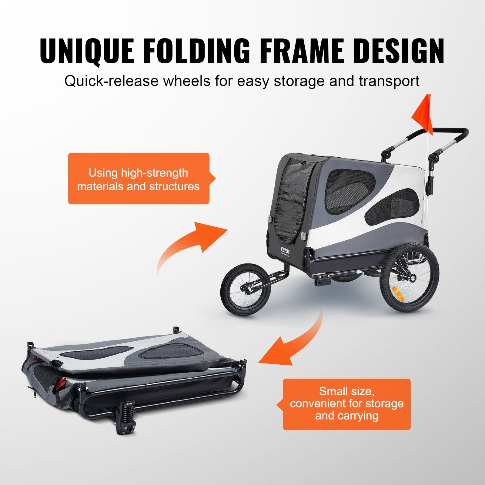 VEVOR Dog Bike Trailer, Supports up to 100 lbs, 2-in-1 Pet Stroller Cart Bicycle Carrier, Easy Folding Cart Frame with Quick Release Wheels, Universal Bicycle Coupler, Reflectors, Flag, Black/Gray 