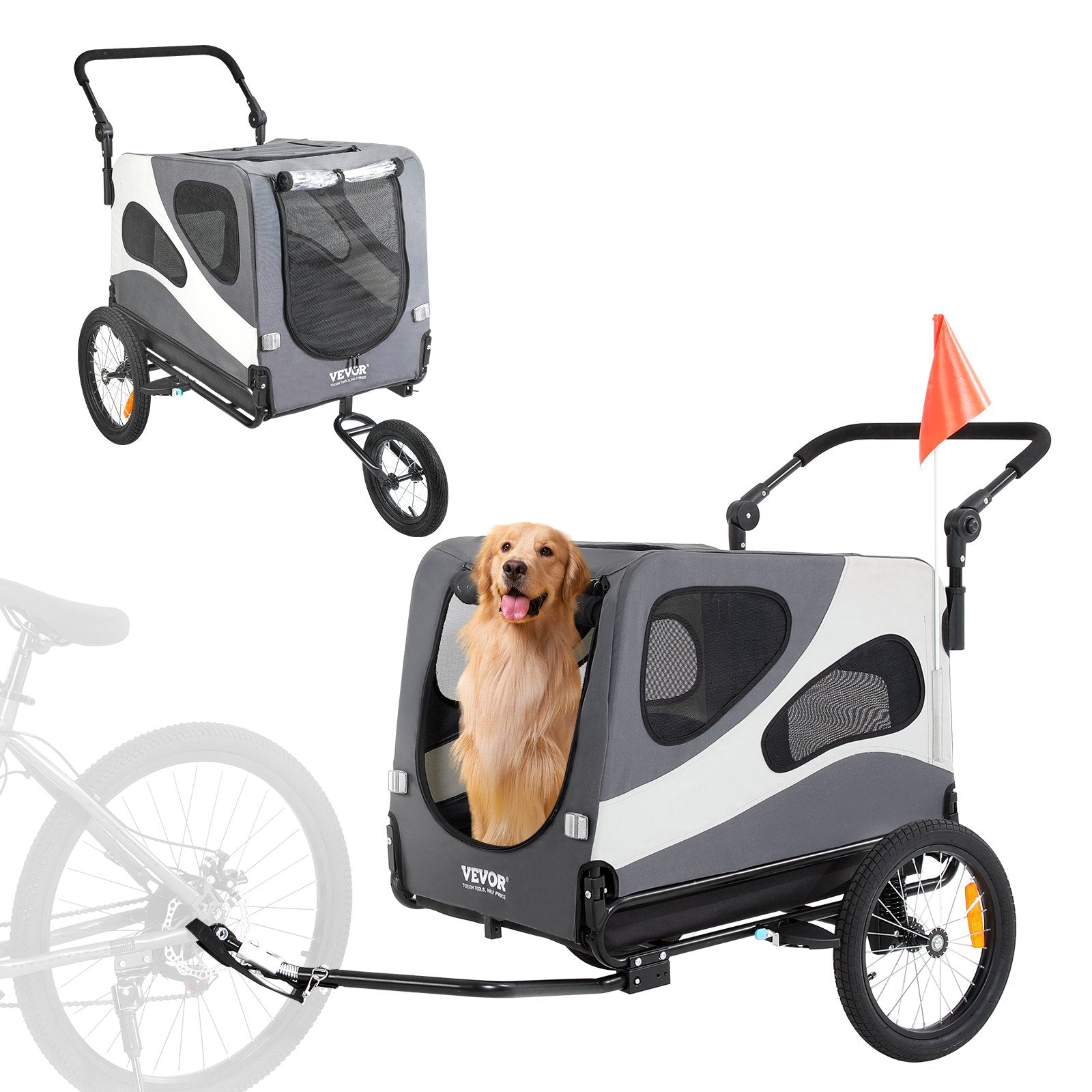 VEVOR Dog Bike Trailer, Supports up to 100 lbs, 2-in-1 Pet Stroller Cart Bicycle Carrier, Easy Folding Cart Frame with Quick Release Wheels, Universal Bicycle Coupler, Reflectors, Flag, Black/Gray 