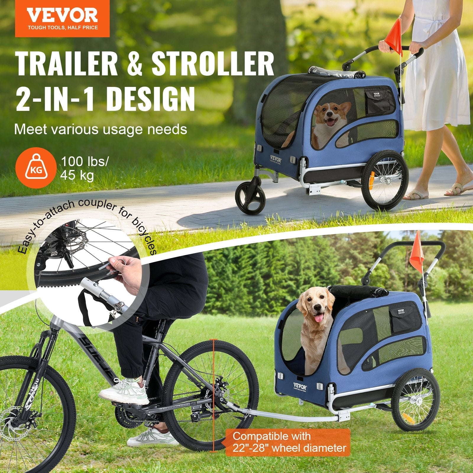 VEVOR Dog Bike Trailer, Supports up to 100 lbs, 2-in-1 Pet Stroller Cart Bicycle Carrier, Easy Folding Cart Frame with Quick Release Wheels, Universal Bicycle Coupler, Reflectors, Flag, Blue/Black 