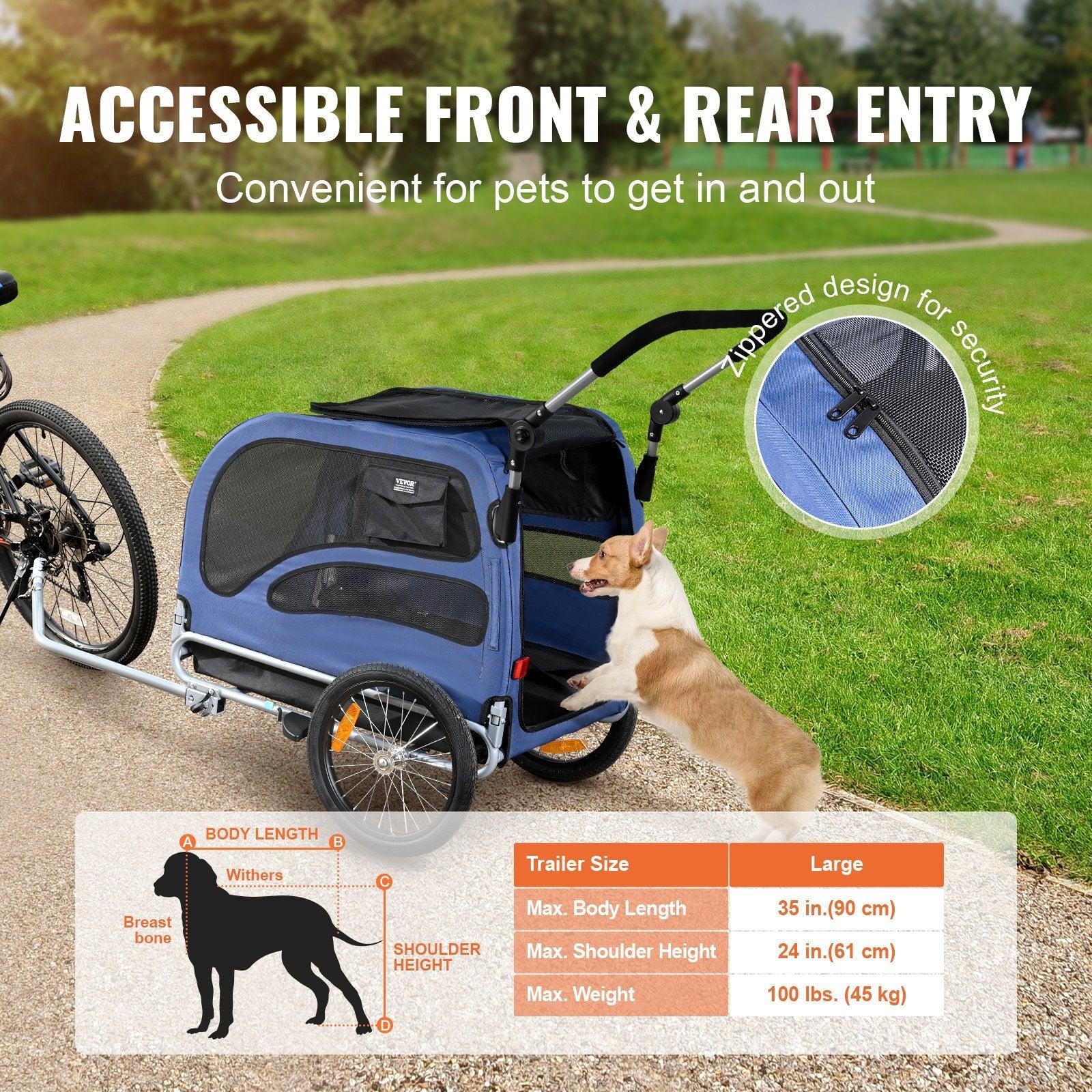 VEVOR Dog Bike Trailer, Supports up to 100 lbs, 2-in-1 Pet Stroller Cart Bicycle Carrier, Easy Folding Cart Frame with Quick Release Wheels, Universal Bicycle Coupler, Reflectors, Flag, Blue/Black 