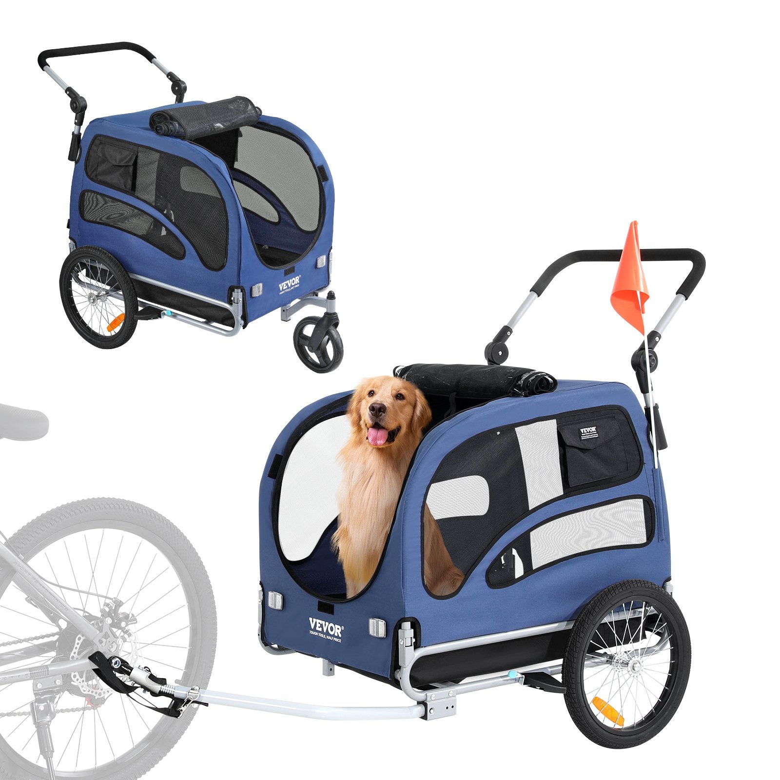 VEVOR Dog Bike Trailer, Supports up to 100 lbs, 2-in-1 Pet Stroller Cart Bicycle Carrier, Easy Folding Cart Frame with Quick Release Wheels, Universal Bicycle Coupler, Reflectors, Flag, Blue/Black 