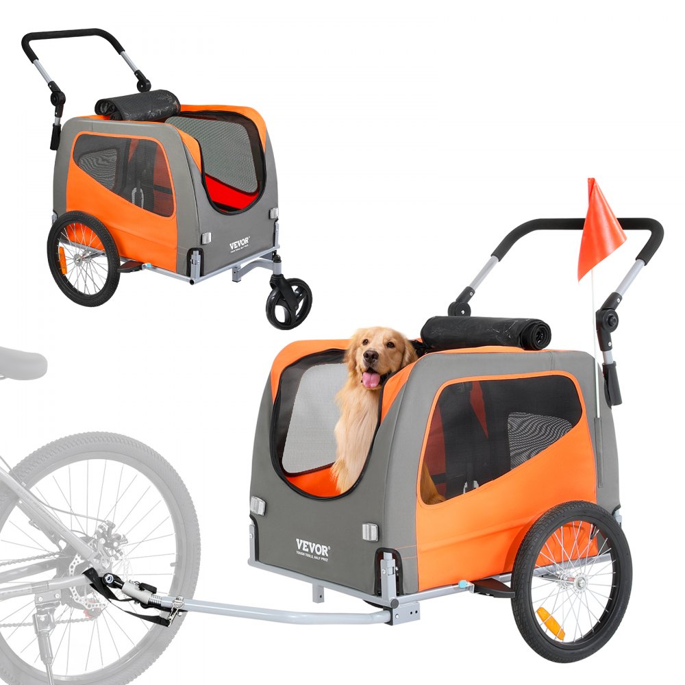 VEVOR Dog Bike Trailer, Supports up to 66 lbs, 2-in-1 Pet Stroller Cart Bicycle Carrier, Easy Folding Cart Frame with Quick Release Wheels, Universal Bicycle Coupler, Reflectors, Flag, Orange/Gray 