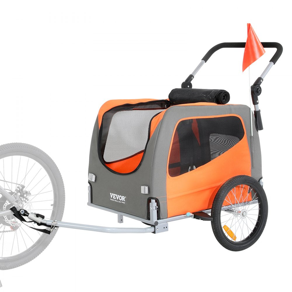 VEVOR Dog Bike Trailer, Supports up to 66 lbs, 2-in-1 Pet Stroller Cart Bicycle Carrier, Easy Folding Cart Frame with Quick Release Wheels, Universal Bicycle Coupler, Reflectors, Flag, Orange/Gray 