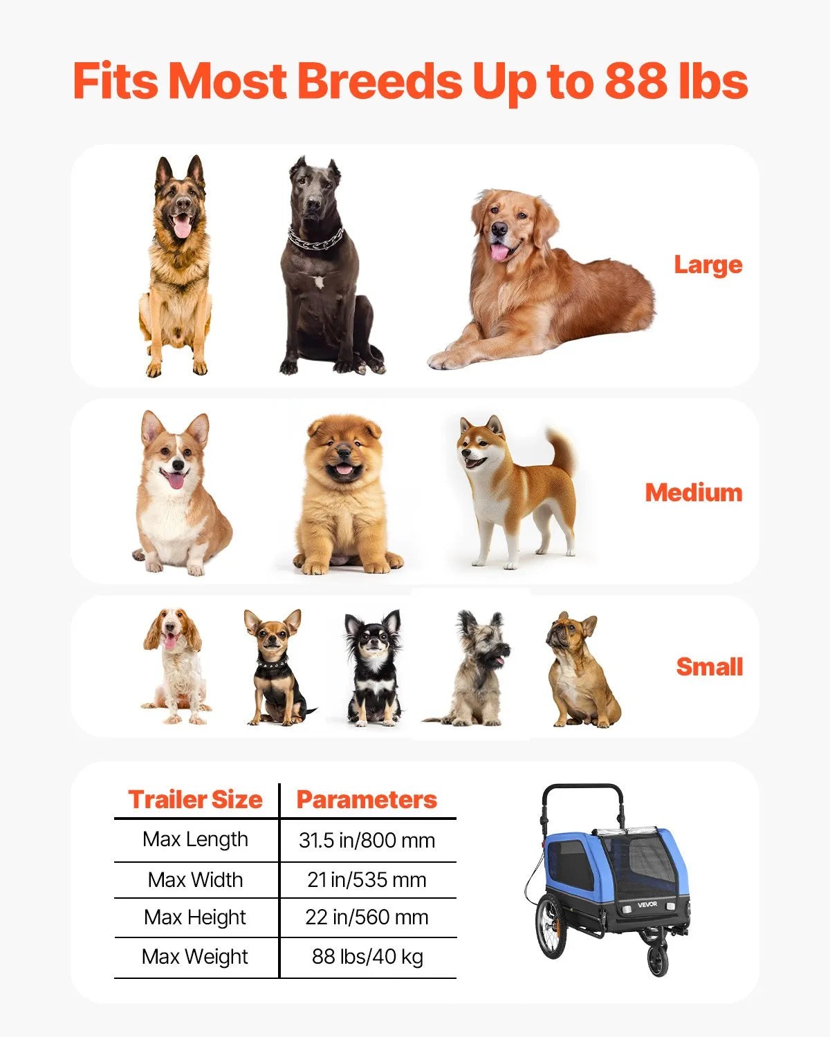 VEVOR Dog Bike Trailer, Supports up to 88 lbs, 2-in-1 Pet Stroller Cart Bicycle Carrier for Small & Large Dogs, Easy Folding Frame with Quick Release Wheel, Universal Bicycle Coupler, Internal Leash 