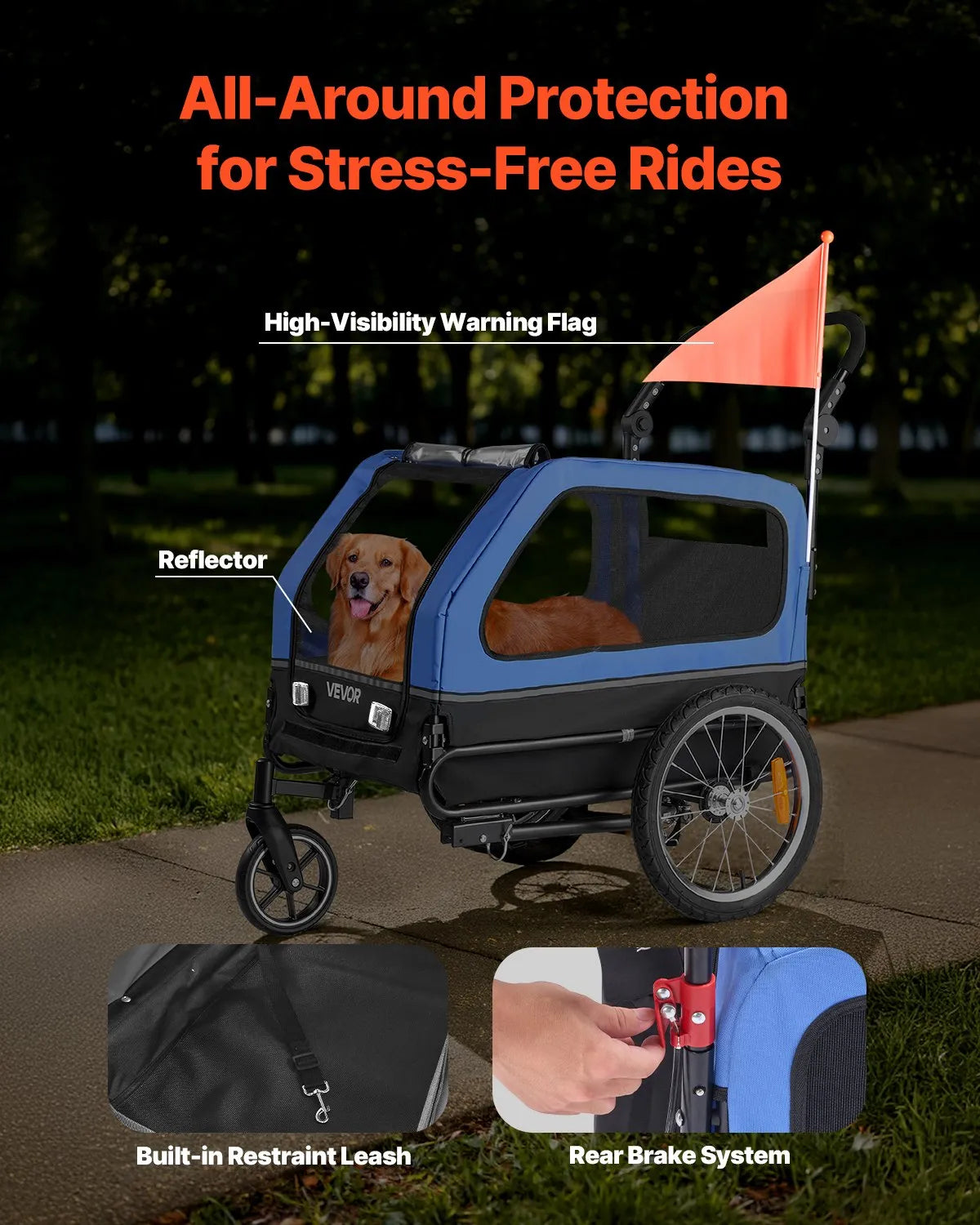 VEVOR Dog Bike Trailer, Supports up to 88 lbs, 2-in-1 Pet Stroller Cart Bicycle Carrier for Small & Large Dogs, Easy Folding Frame with Quick Release Wheel, Universal Bicycle Coupler, Internal Leash 