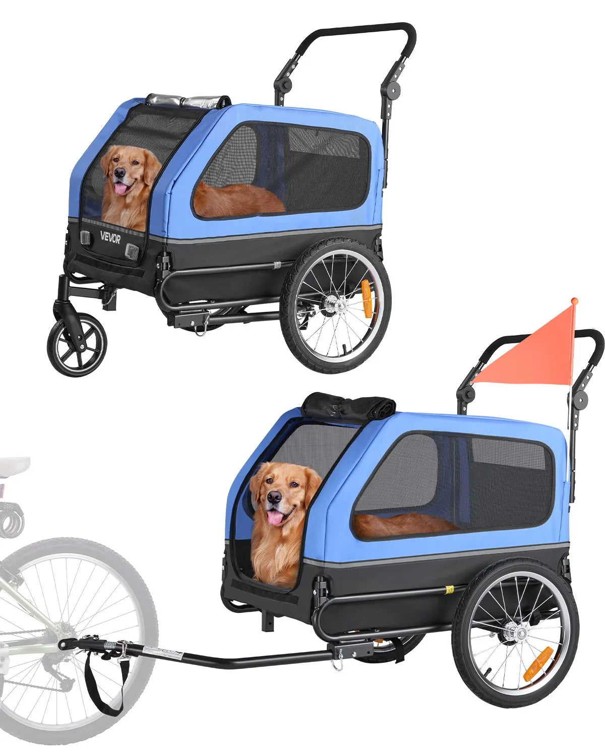 VEVOR Dog Bike Trailer, Supports up to 88 lbs, 2-in-1 Pet Stroller Cart Bicycle Carrier for Small & Large Dogs, Easy Folding Frame with Quick Release Wheel, Universal Bicycle Coupler, Internal Leash 