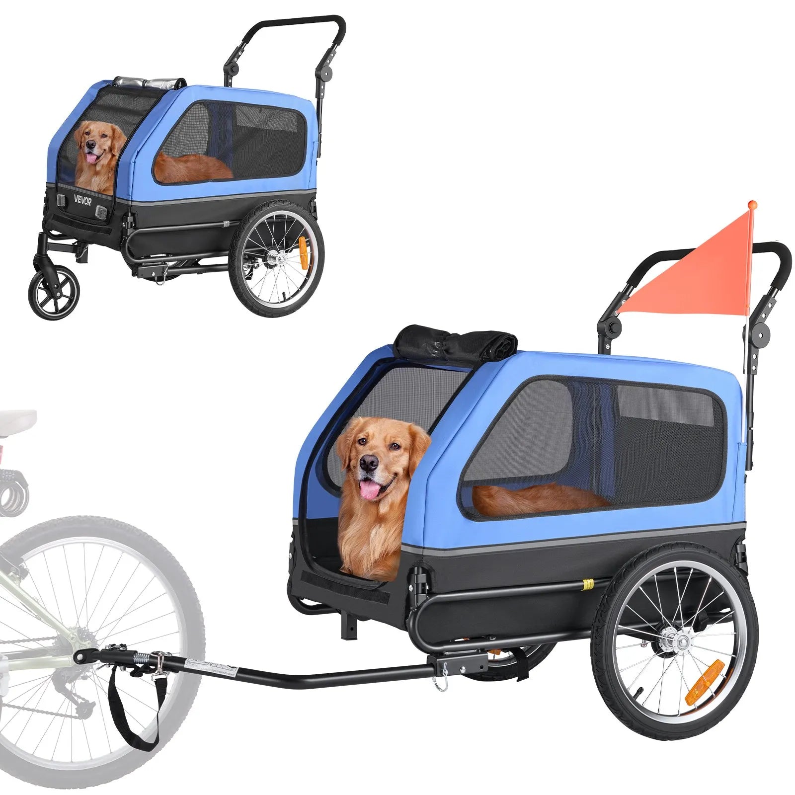 VEVOR Dog Bike Trailer, Supports up to 88 lbs, 2-in-1 Pet Stroller Cart Bicycle Carrier for Small & Large Dogs, Easy Folding Frame with Quick Release Wheel, Universal Bicycle Coupler, Internal Leash 
