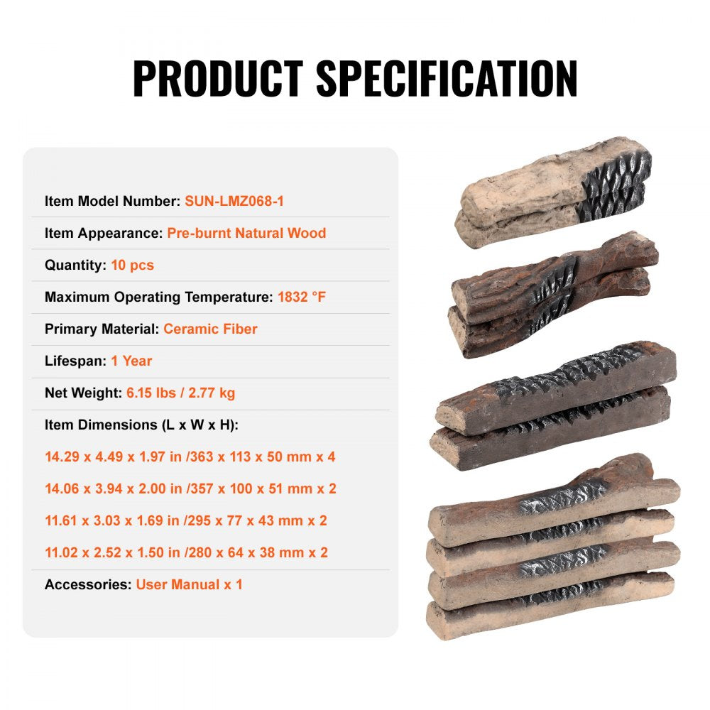 VEVOR 10 Pcs Gas Fireplace Logs, Large Ceramic Logs for Fireplace Decorative, Heat-Resistant Wood Log Gas Realistic Logs, Stackable Wood Branches for Gas Fireplace, Firebowl Indoor or Outdoor 