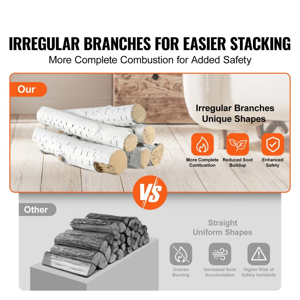 VEVOR 6 Pcs Large Withe Birch Logs, Gas Fireplace Ceramic Logs for Fire place, Heat-Resistant Wood Log Gas Realistic Logs, Stackable Wood Branches for Gas Fireplace, Firebowl Indoor or Outdoor 